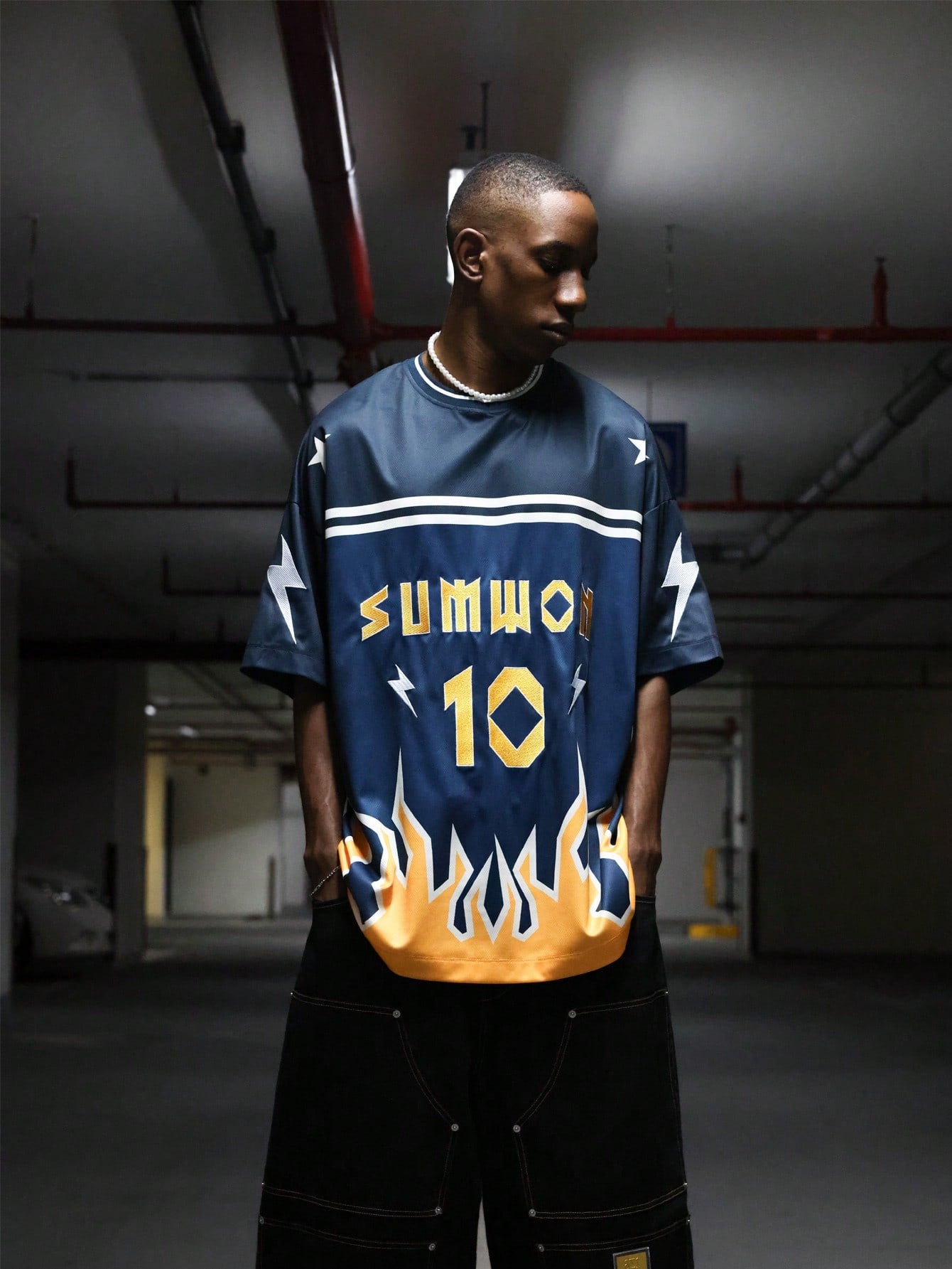 Oversized Mesh Hockey Tee With Flame & Number Print