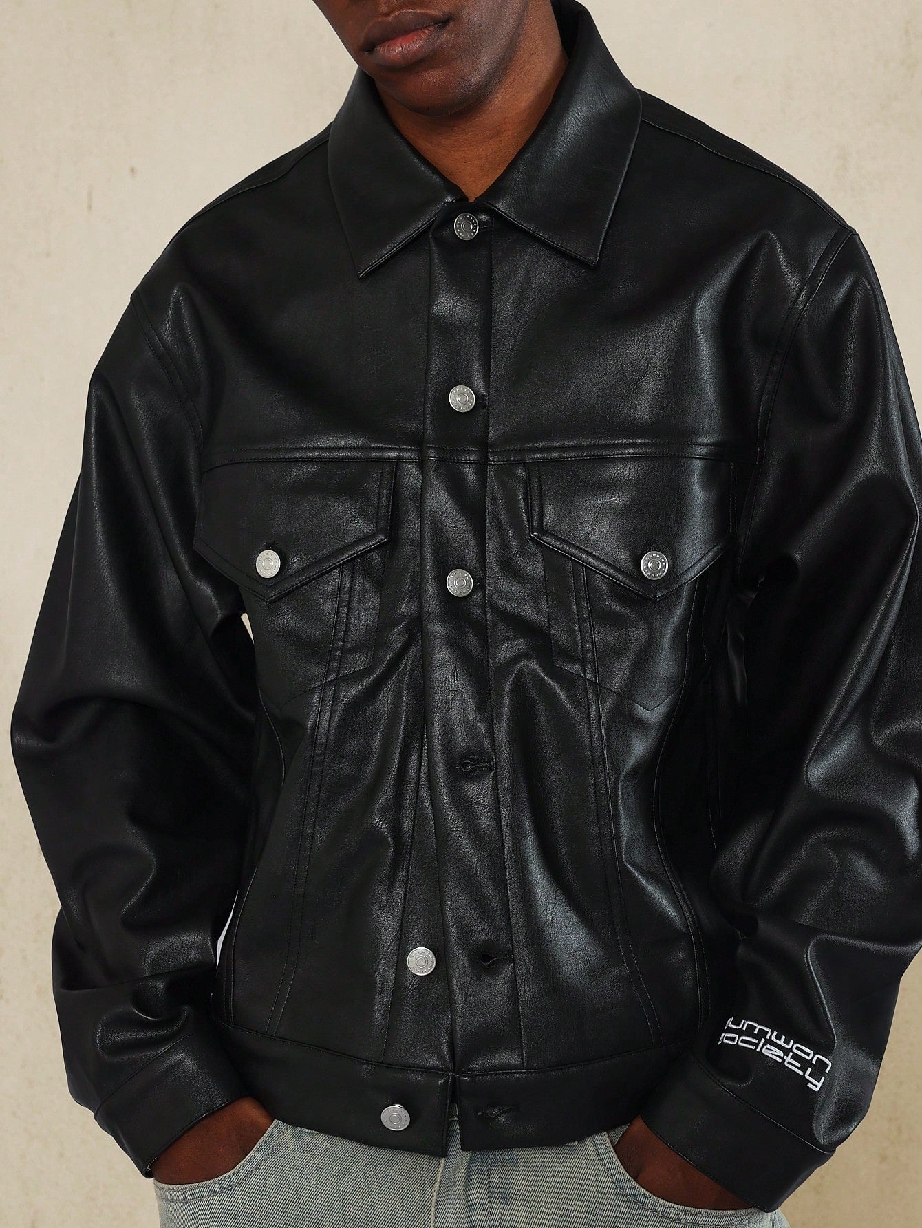 PU Trucker Jacket With Sleeve Embroidery Detail & Back Patch