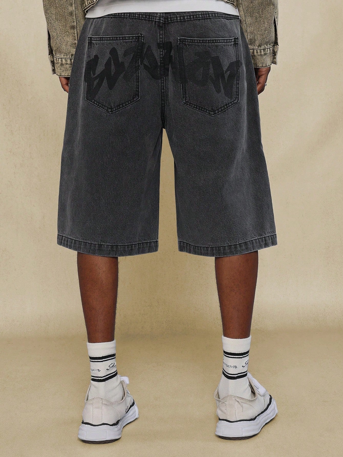 Washed Denim Jort With Back Graffiti Graphic Print