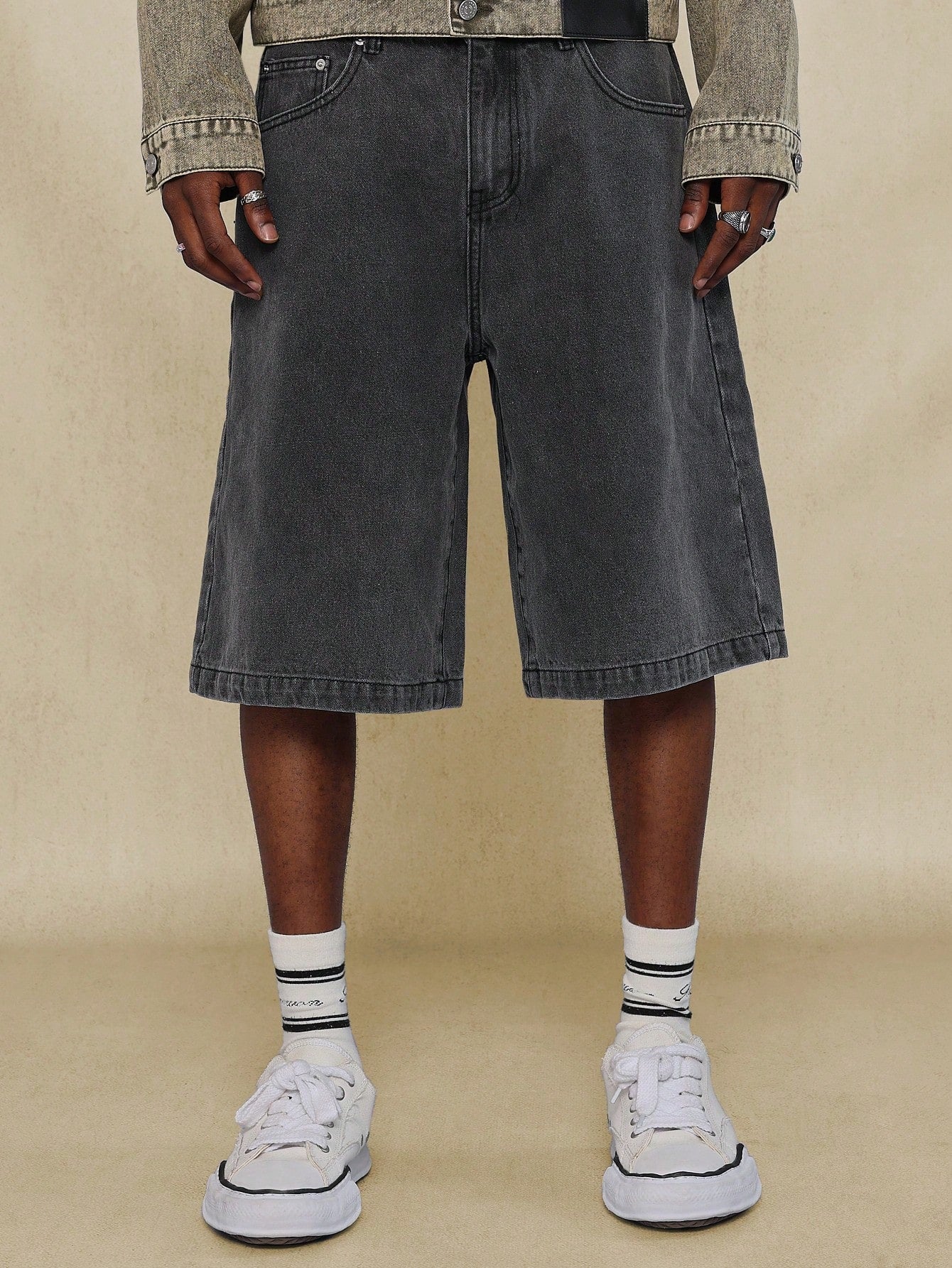 Washed Denim Jort With Back Graffiti Graphic Print