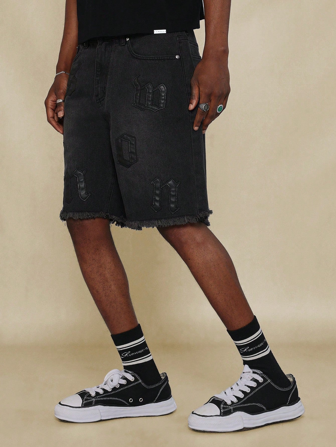 Raw Edge Denim Short With All Over PU Applique