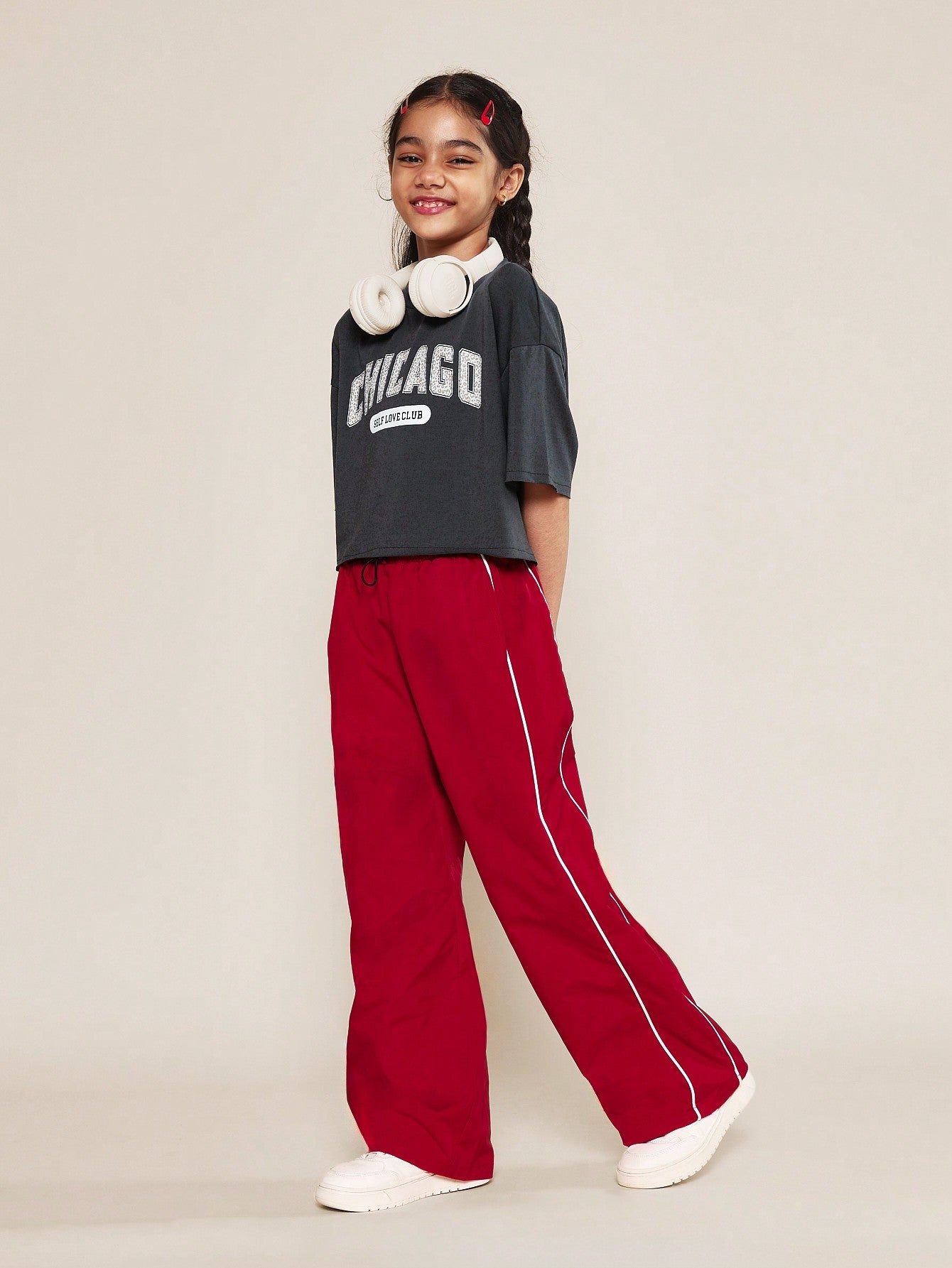 Tween Girls Crop Fit Tee With Chicago Graphic Print And Nylon Red Pant With Piping Detail 2 Piece Set