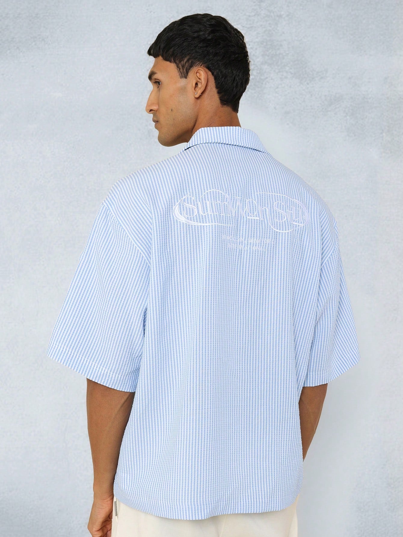 Regular Fit Revere Collar Pinstripe Shirt With Embroidery