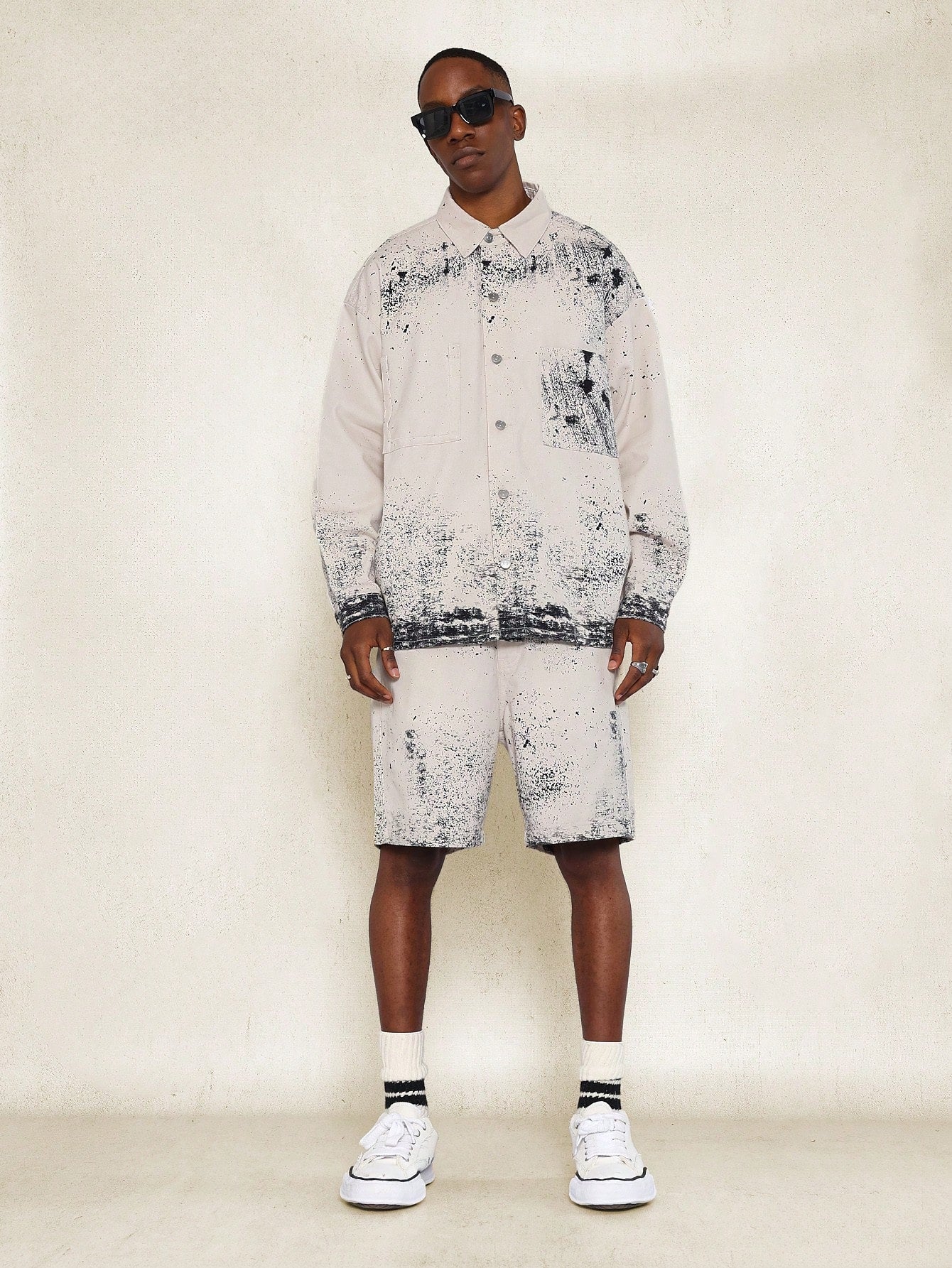 Oversized Printed Twill Denim Shirt And Short With Ripped Pocket Detail 2 Piece Set