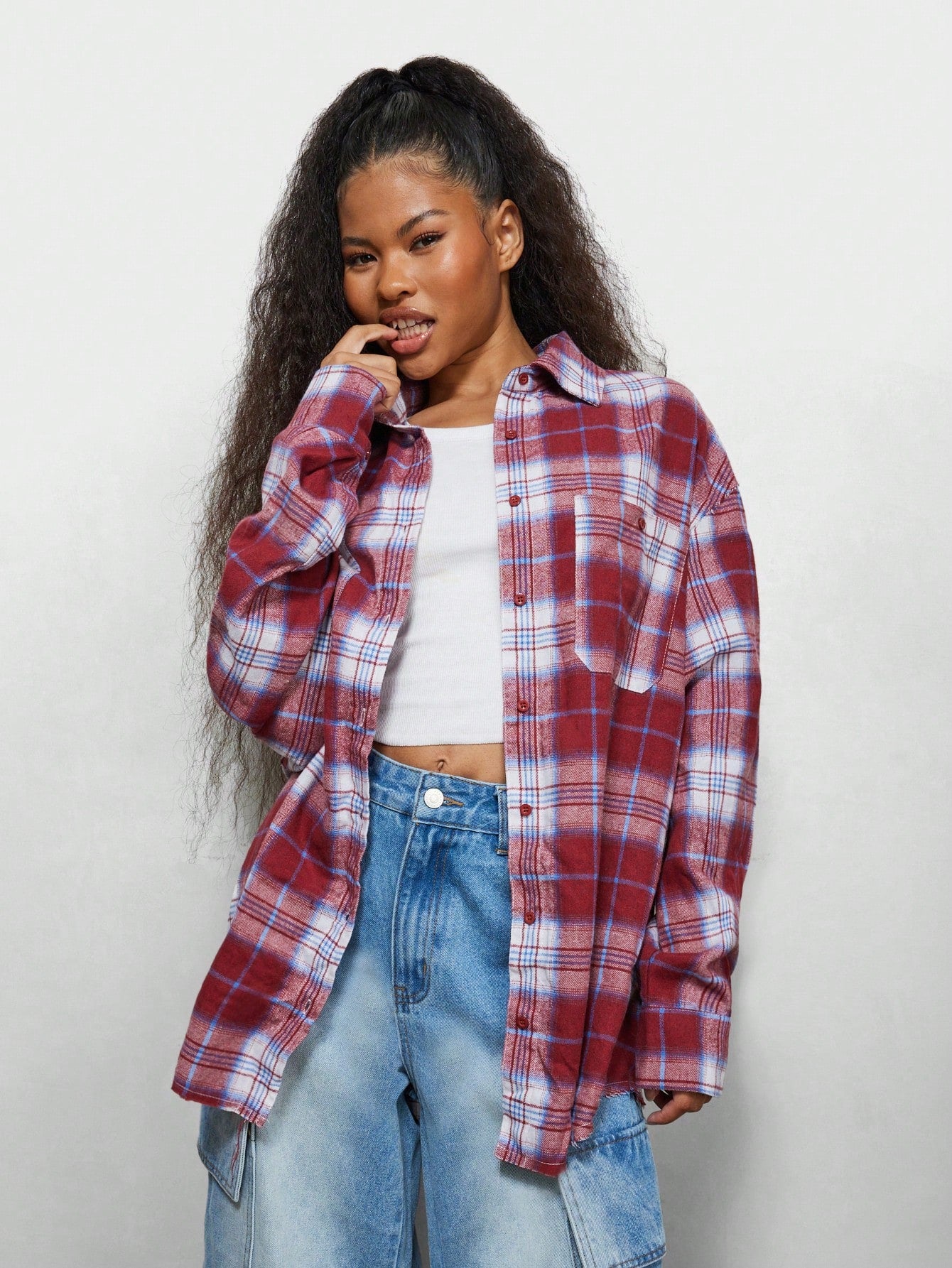 SUMWON WOMEN Oversized Fit Torn Pocket Check Shirt