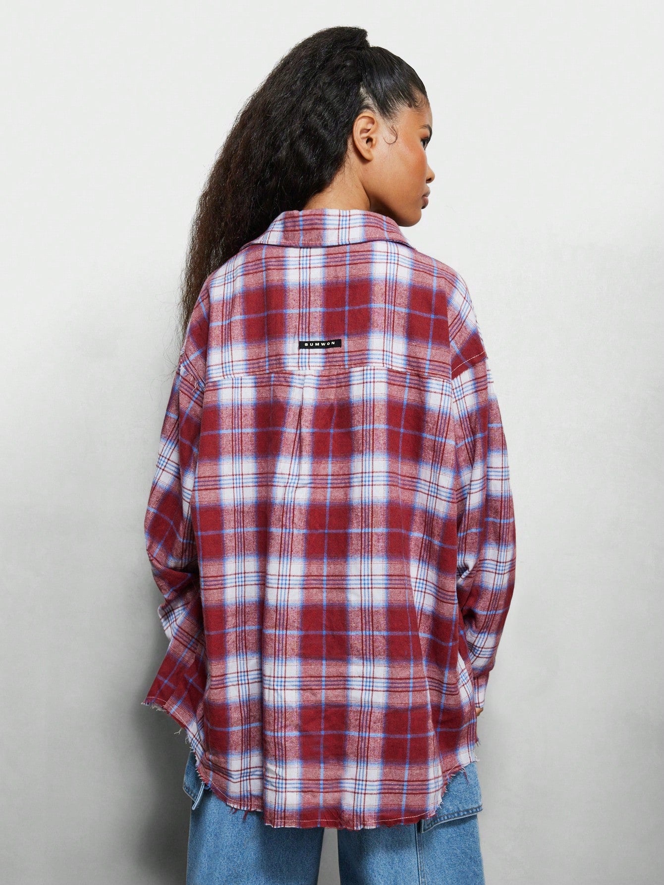 SUMWON WOMEN Oversized Fit Torn Pocket Check Shirt