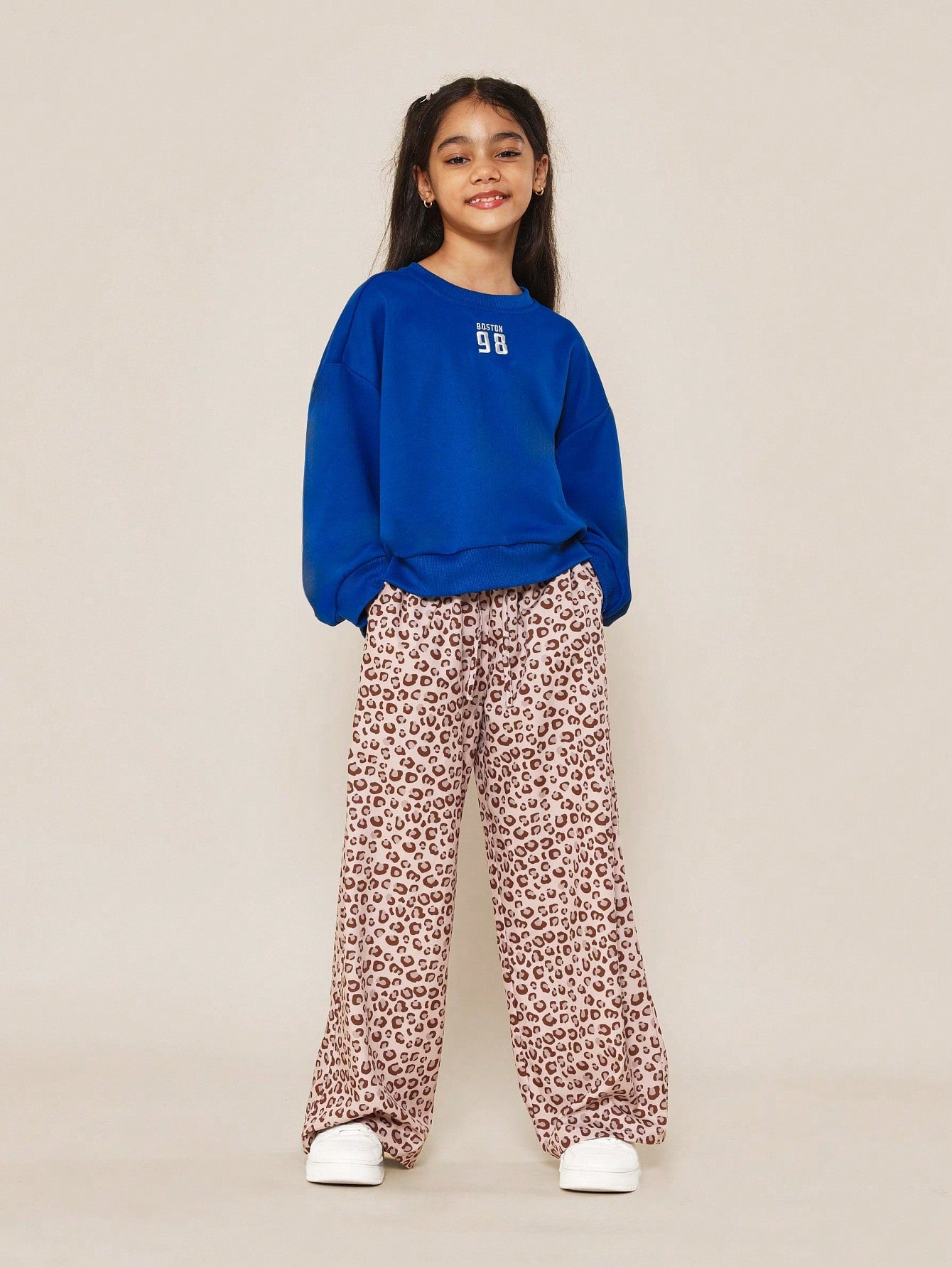 Tween Girls Crew Neck Sweatshirt With Boston Graphic Print And Leopard Print Pant 2 Piece Set