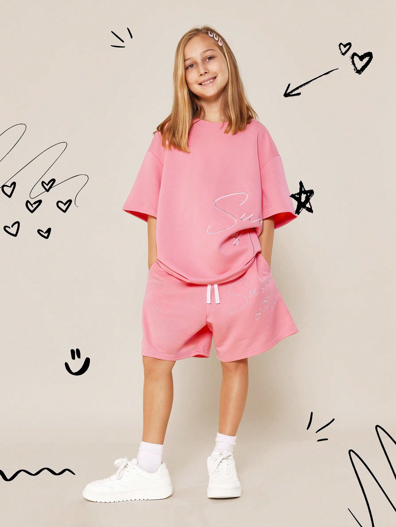 Tween Girls Oversized Fit Tee And Drop Crotch Short With Script Embroidery 2 Piece Set