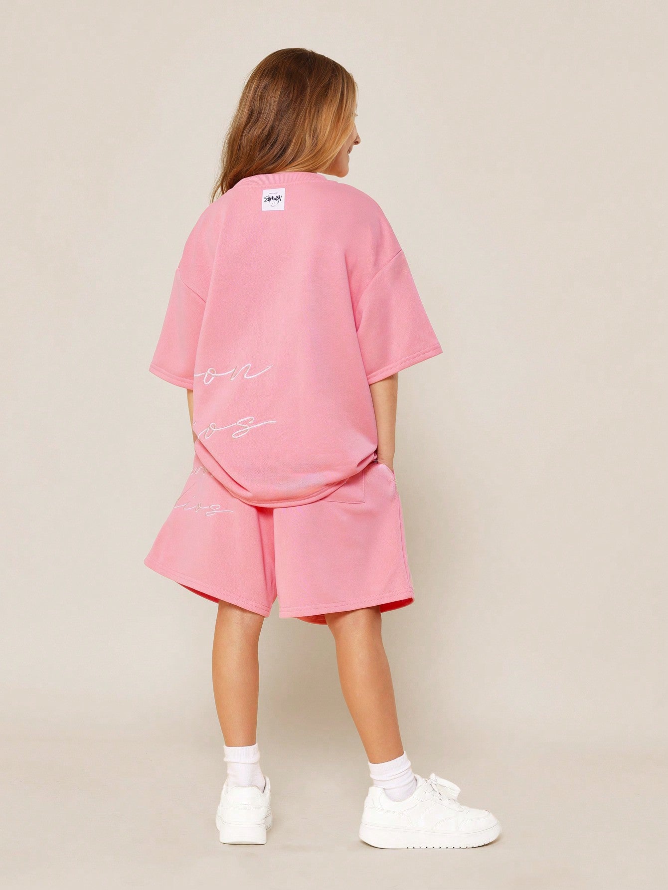 Tween Girls Oversized Fit Tee And Drop Crotch Short With Script Embroidery 2 Piece Set