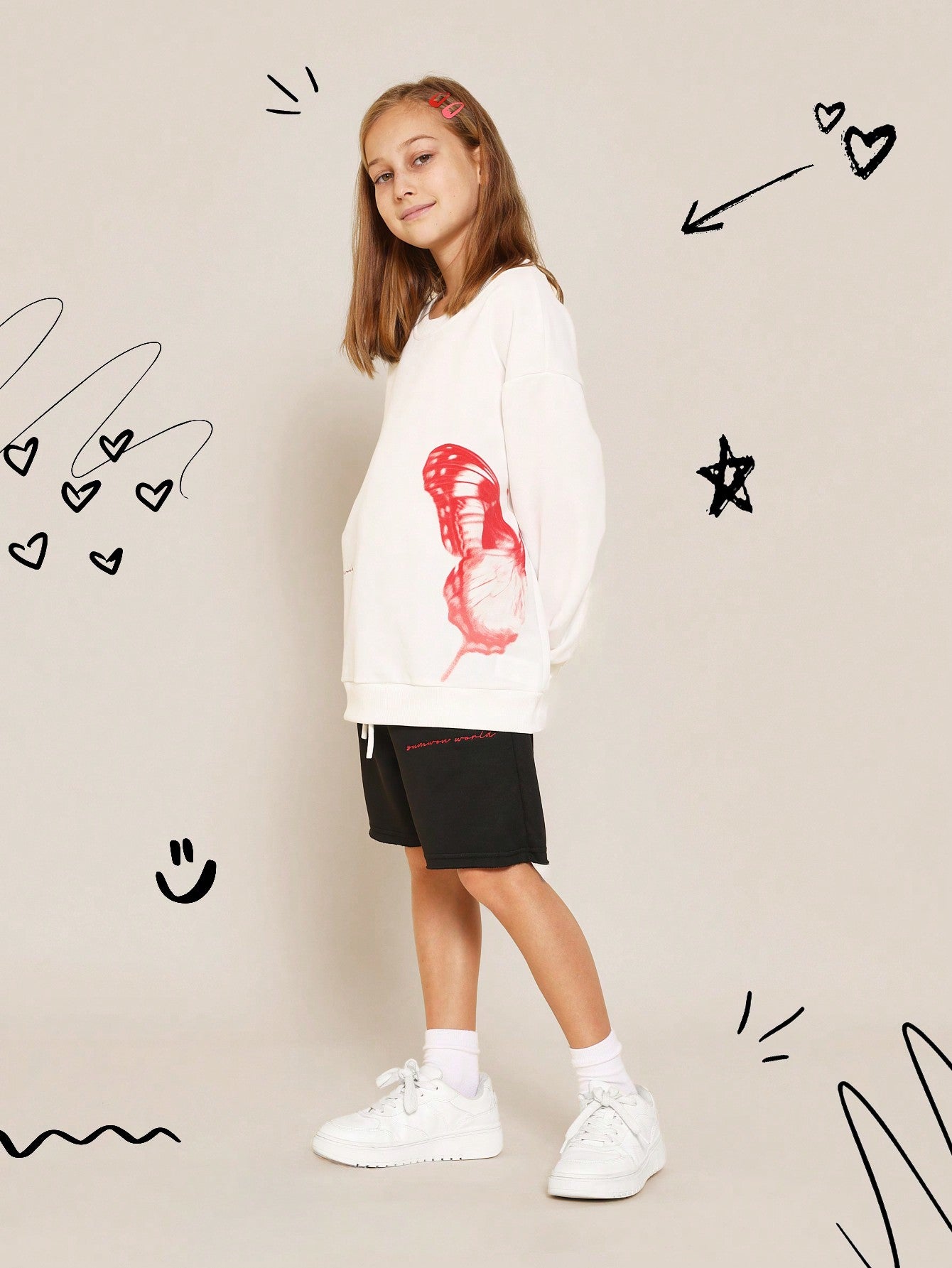 Tween Girls Oversized Crew Neck Sweatshirt With Butterfly Print And Short 2 Piece Set