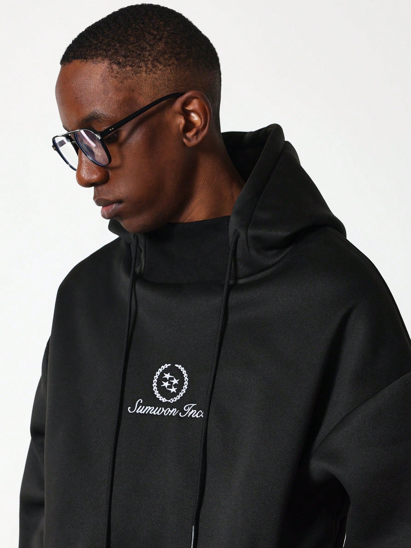 Oversized Side Pocket Hoodie With Layered Neck Rib & Embroidery