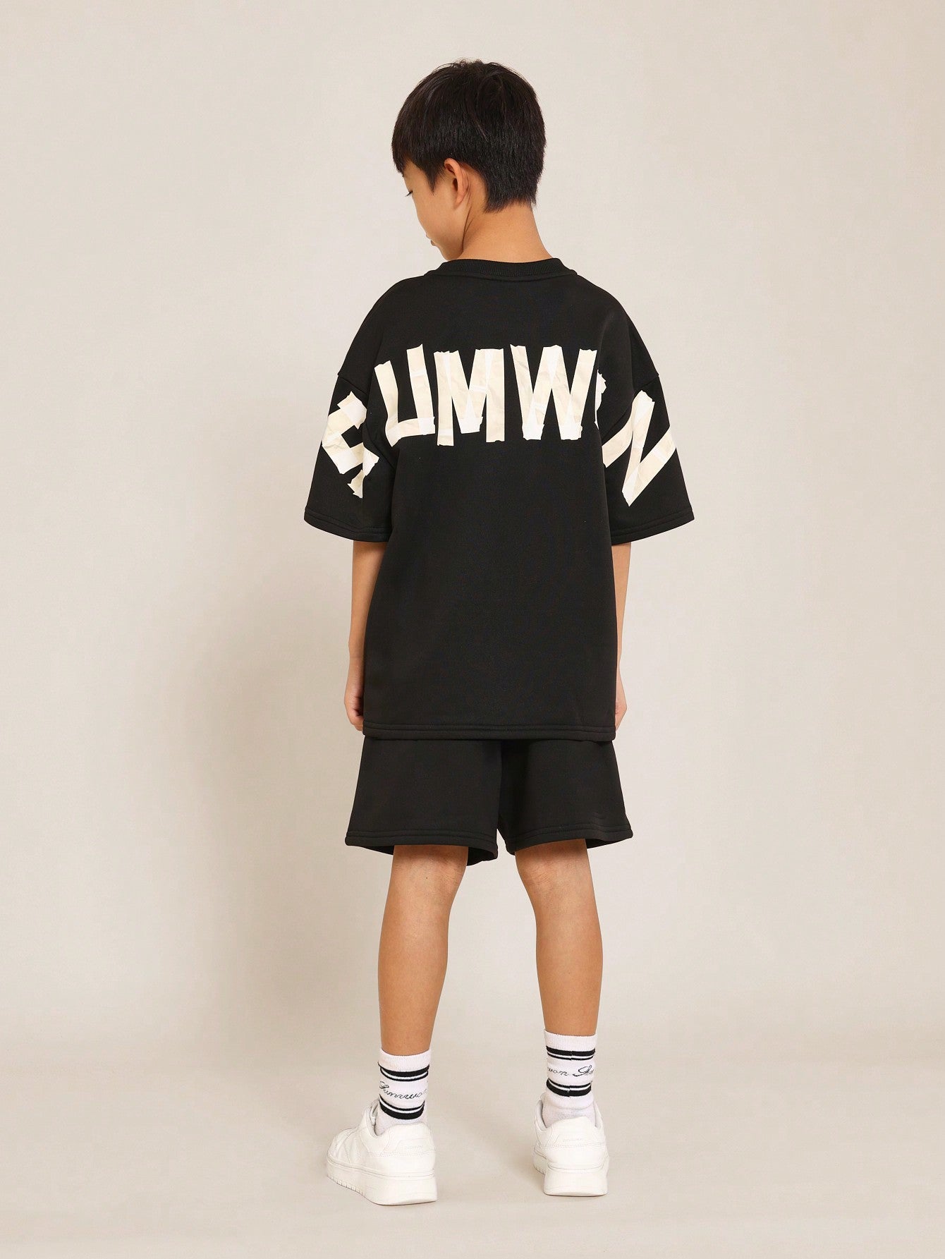 Tween Boys Oversized Fit Tee And Drop Crotch Short With Tape Graphic Print 2 Piece Set Back To School