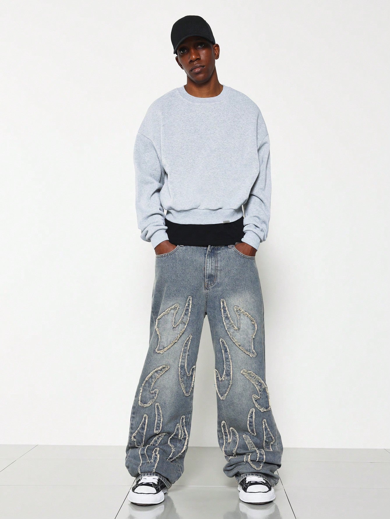 Loose Fit Washed Jean With Flame Applique