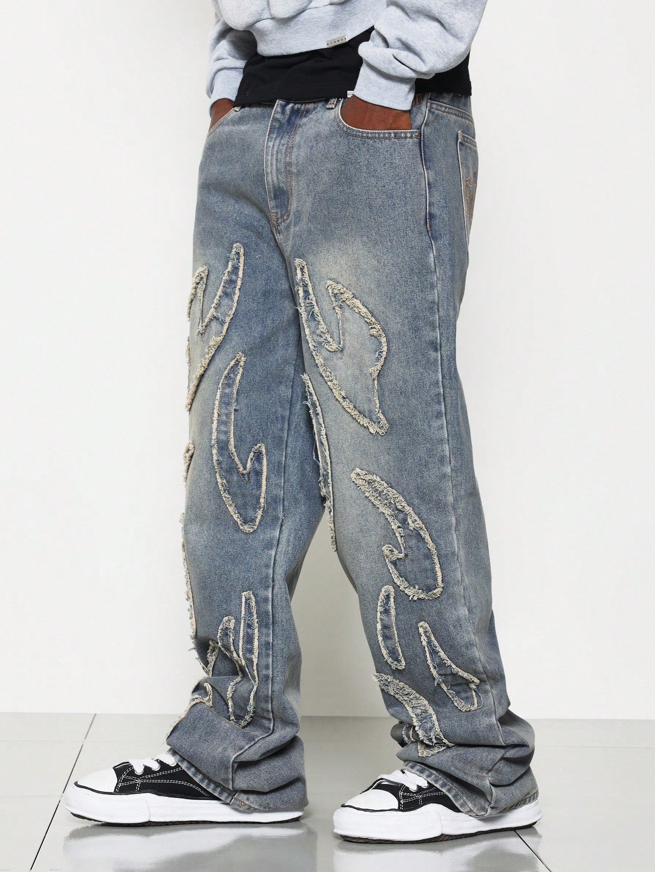 Loose Fit Washed Jean With Flame Applique