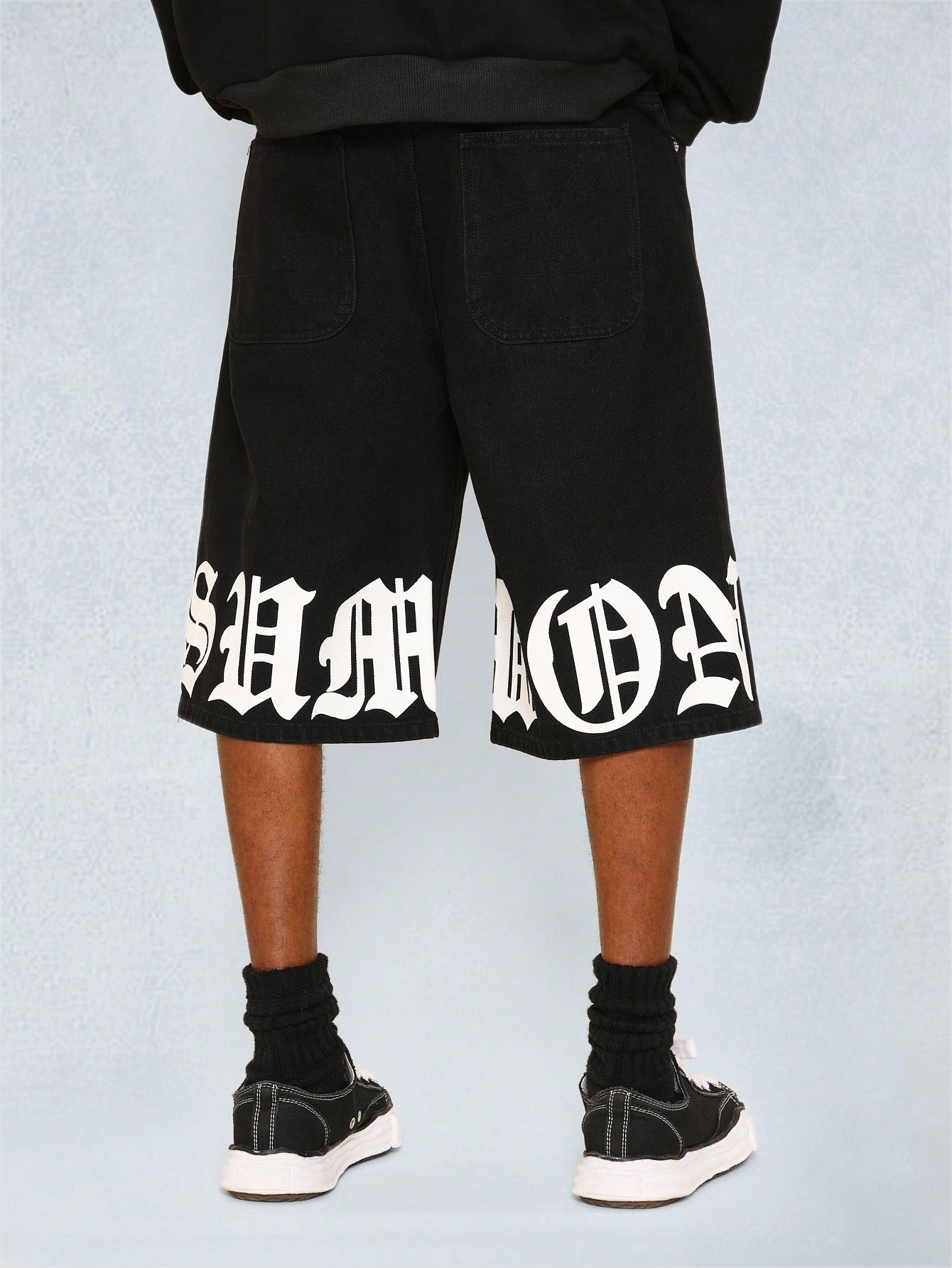 Denim Jort With Gothic Letter Graphic Print