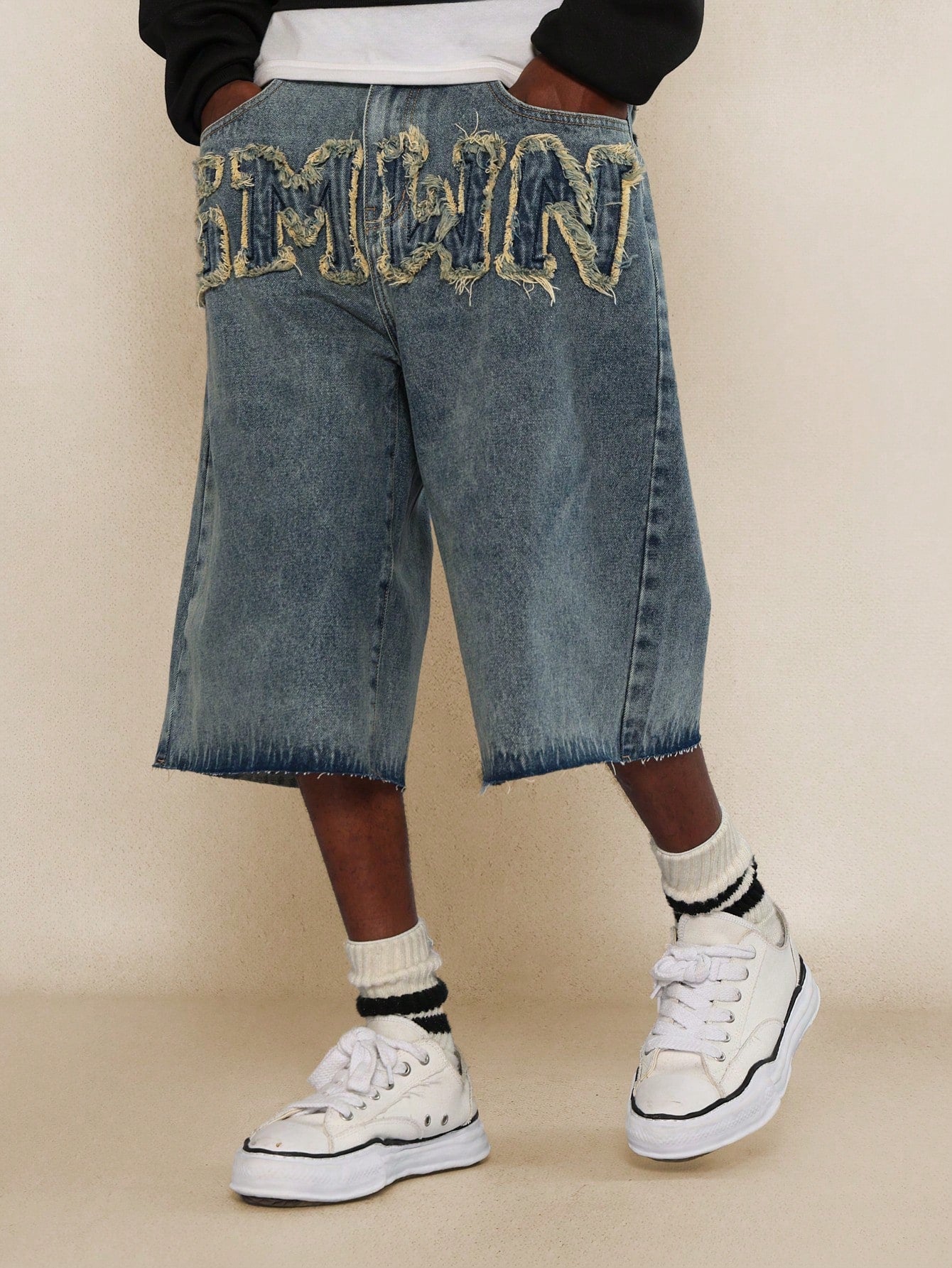 Raw Edge Denim Jort With Front Applique