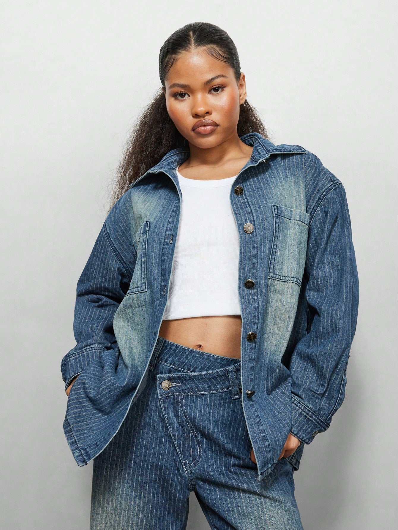 SUMWON WOMEN Oversized Washed Stripe Denim Shirt