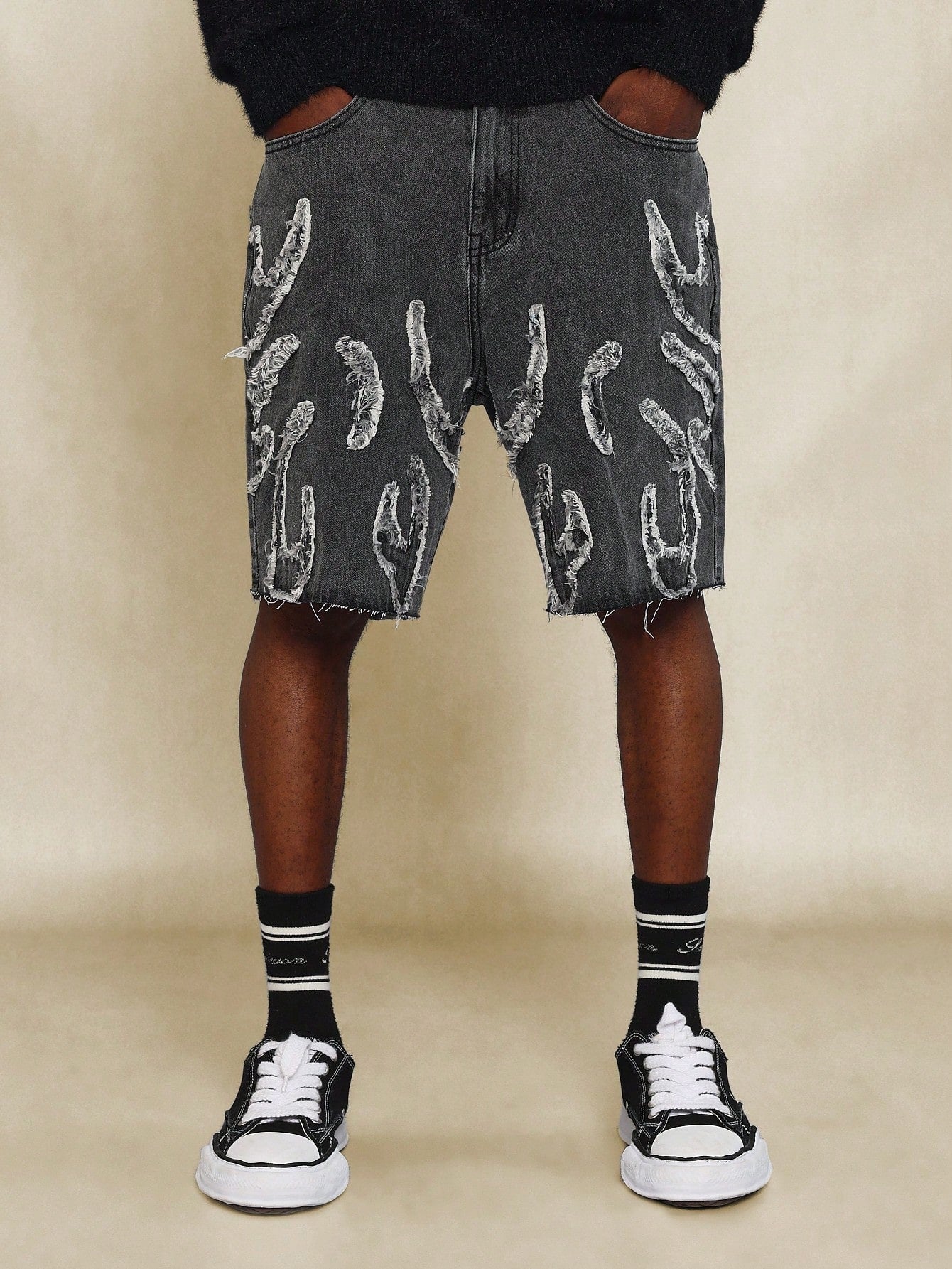 Washed Raw Edge Denim Short With Flame Applique