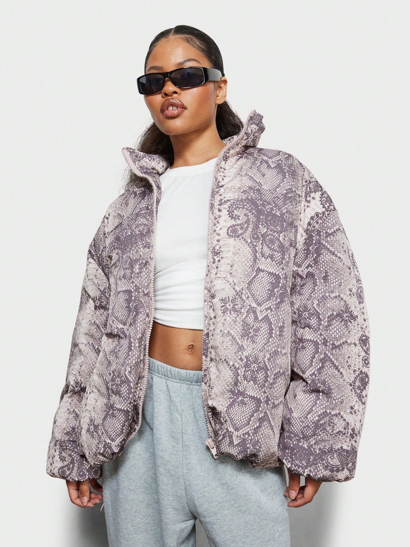 SUMWON WOMEN All Over Snake Print Zip Through Oversized Puffed Bomber Jacket