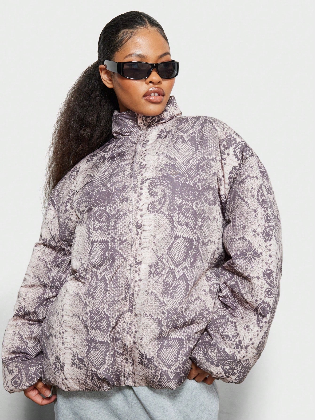 SUMWON WOMEN All Over Snake Print Zip Through Oversized Puffed Bomber Jacket