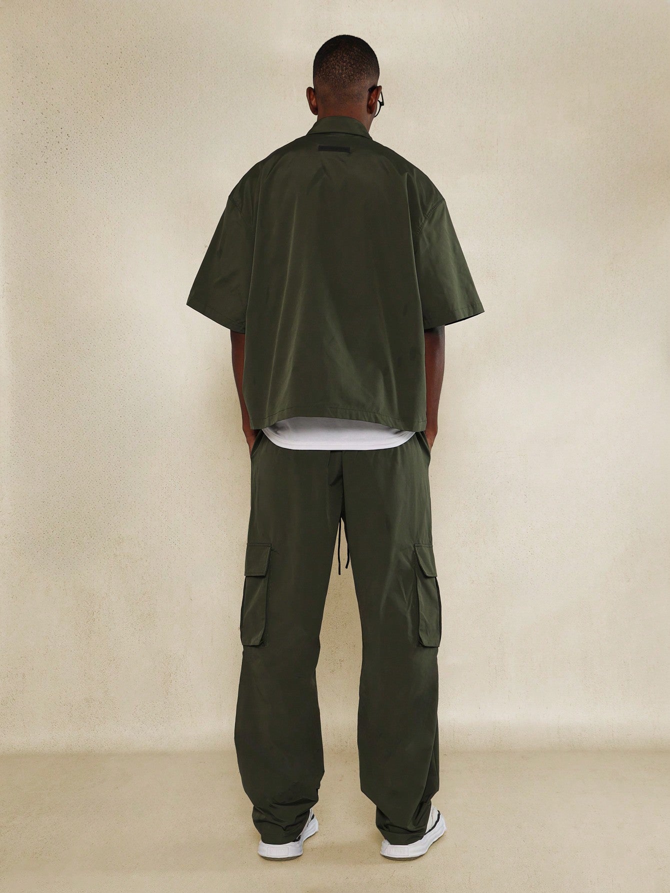 Boxy Fit Zip Through Nylon Shirt And Cargo Pant 2 Piece Set