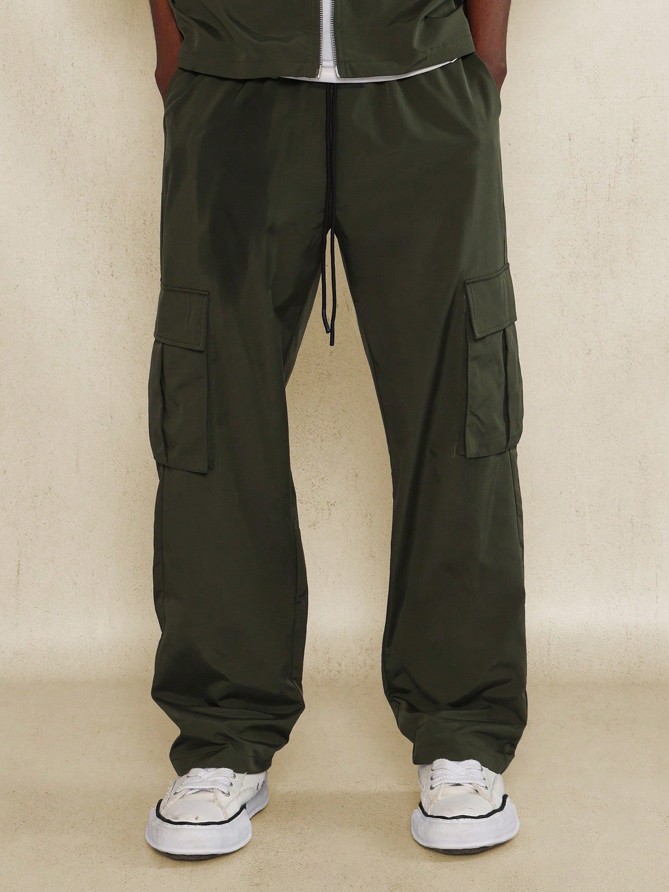 Boxy Fit Zip Through Nylon Shirt And Cargo Pant 2 Piece Set