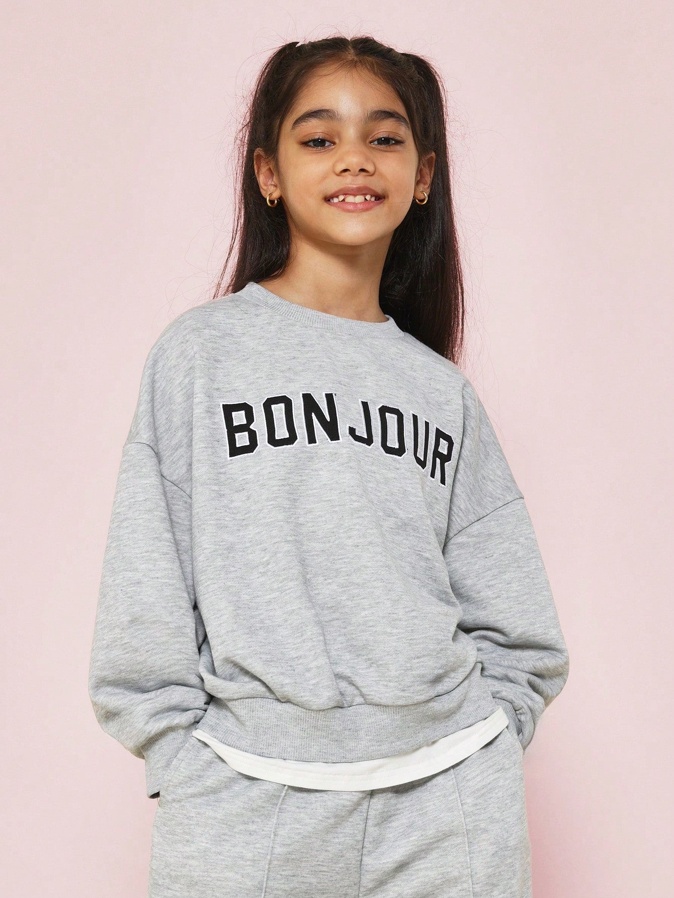 Tween Girls Heavyweight Essential Sweatshirt With Bonjour Applique And Jogger With Pintuck 2 Piece Set