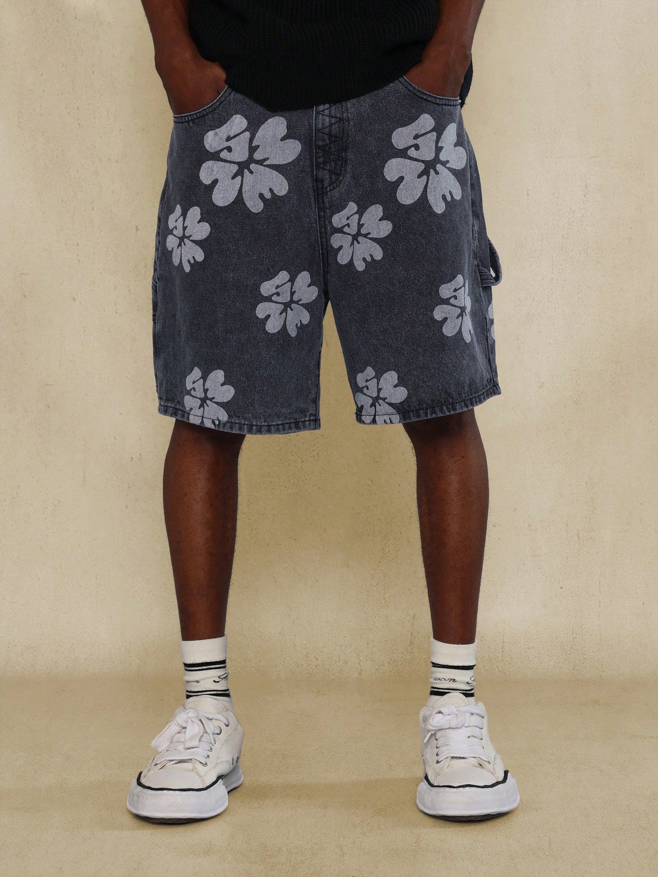 Washed Floral Printed Denim Short