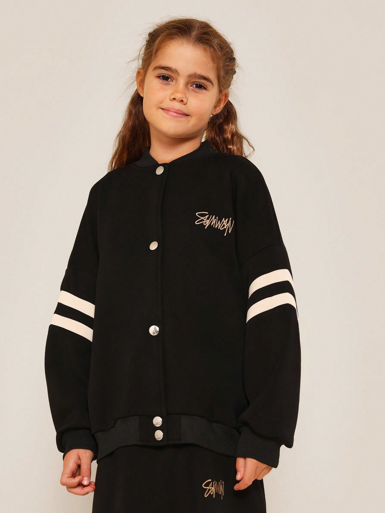 Tween Girls Oversized Fit Bomber Jacket And Skirt With Embroidery Print 2 Piece Set