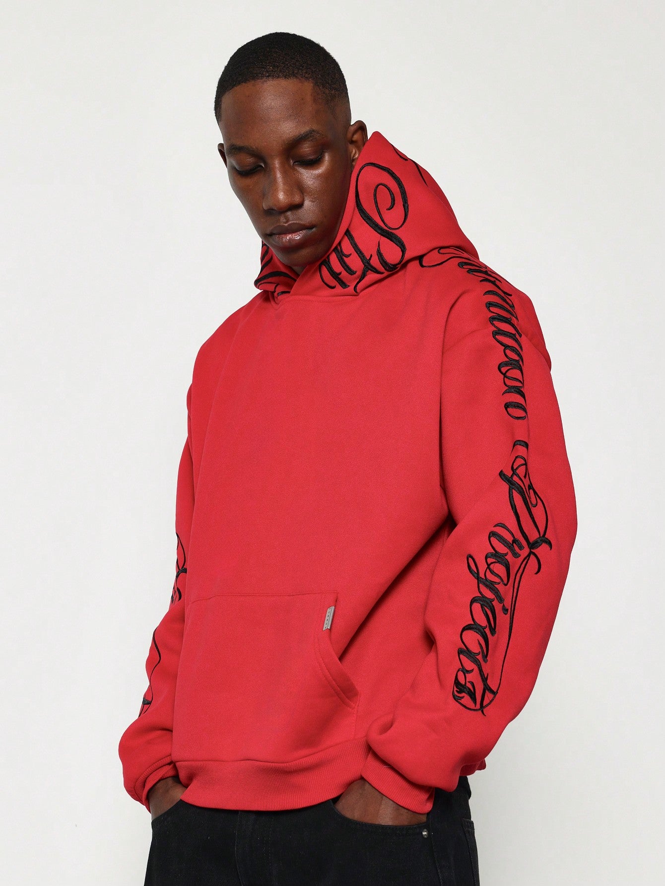 Regular Fit Overhead Hoodie With Script Embroidery On Sleeve & Hoody