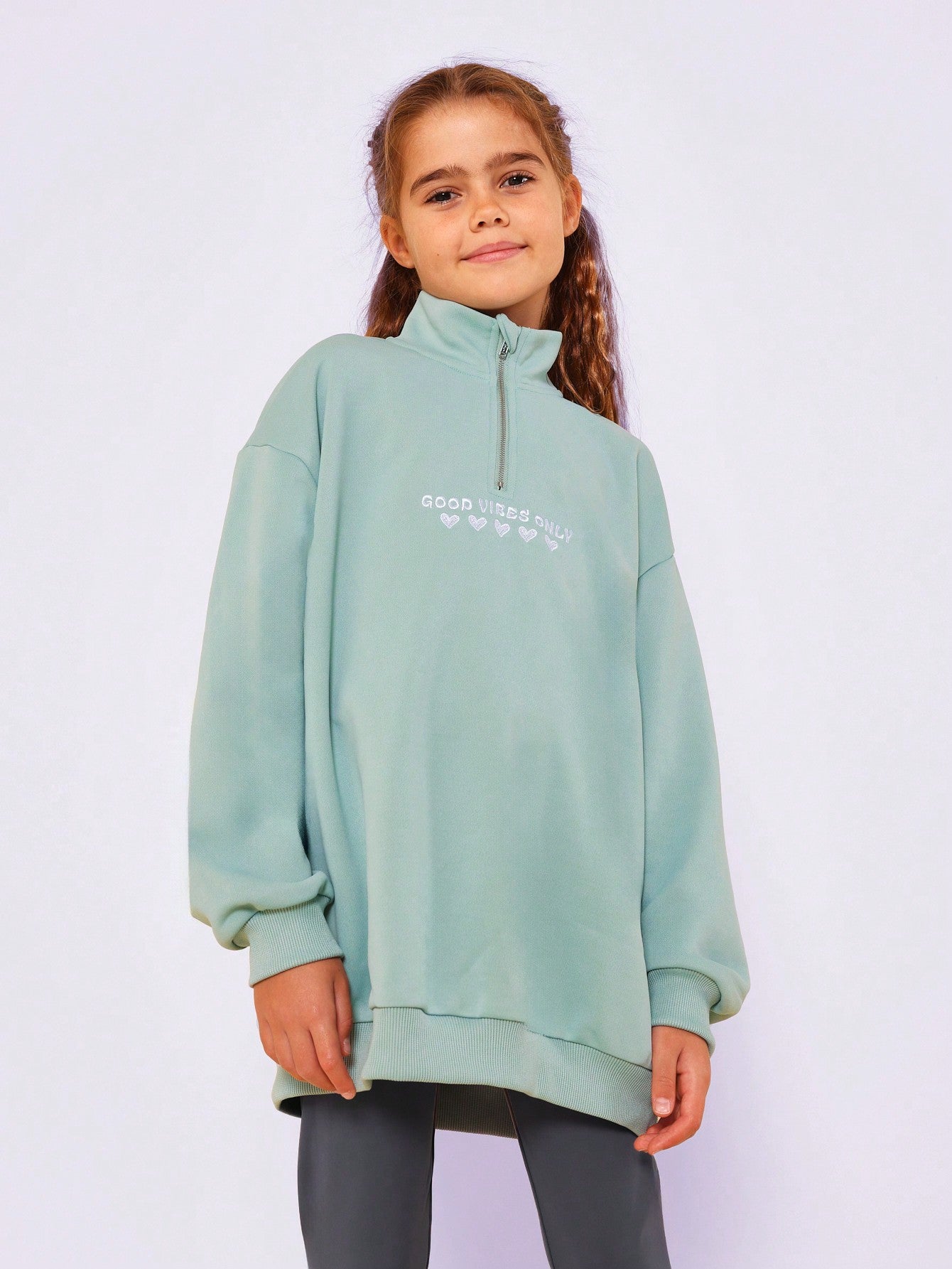 Tween Girls Oversize Fit Half Zip Funnel Neck Sweatshirt With Small Graphic Print And Rib Legging 2 Piece Set