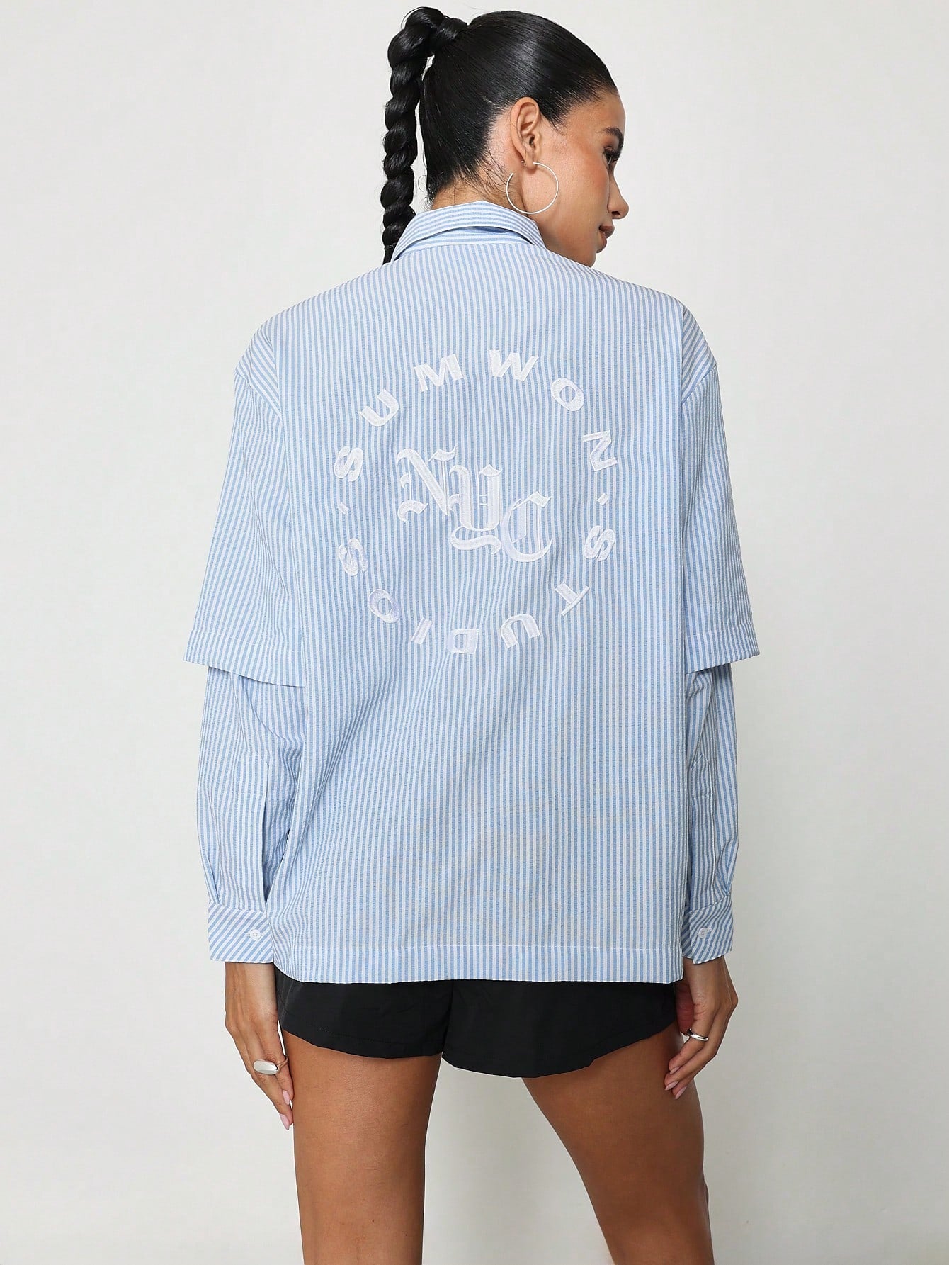 SUMWON WOMEN Double Layer Pinstripe Shirt With Embroidered Design