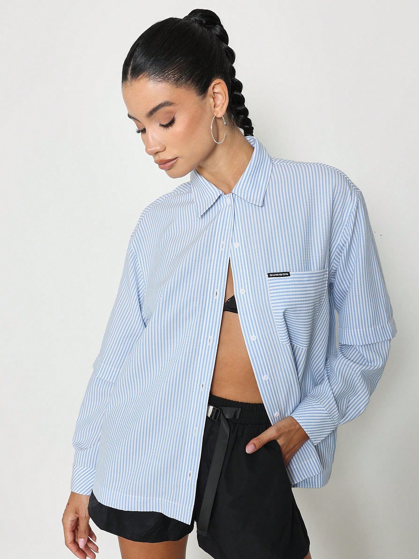 SUMWON WOMEN Double Layer Pinstripe Shirt With Embroidered Design