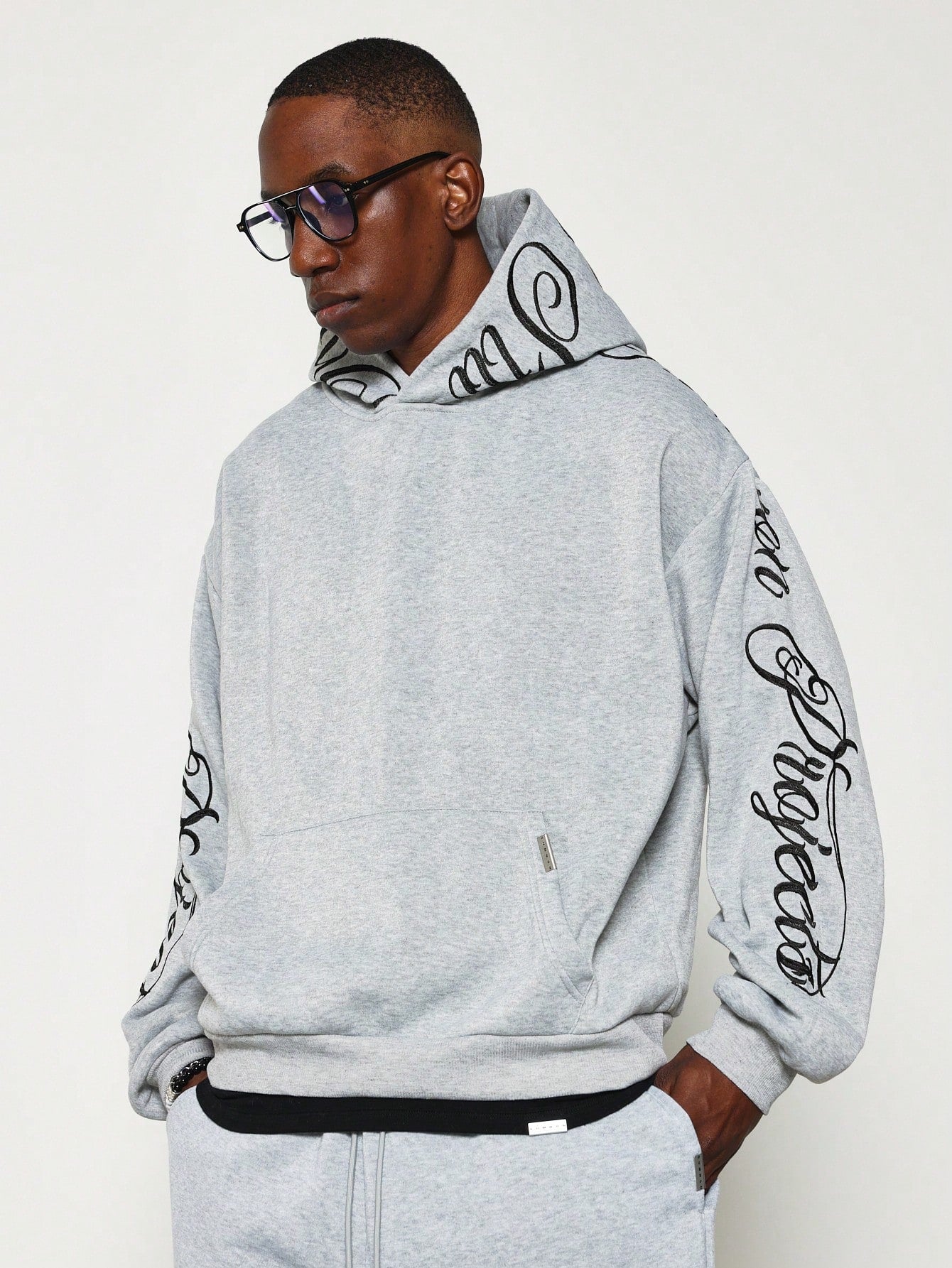 Regular Fit Overhead Hoodie With Script Embroidery On Sleeve & Hoody