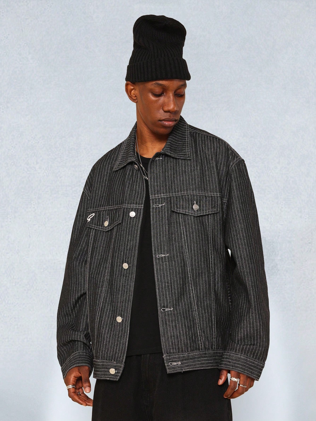 Regular Fit Stripe Denim Jacket With Signature Graphic Print