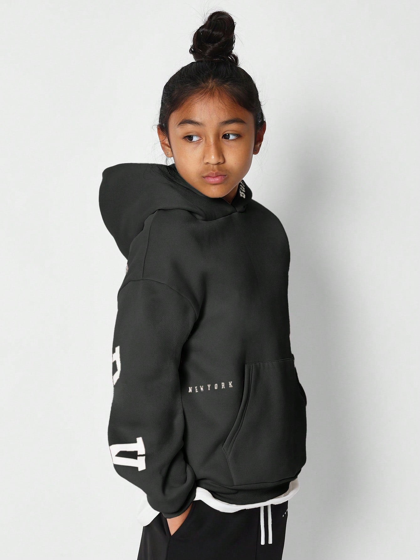 Tween Girls Overhead Hoodie With Immense New York Graphic Print