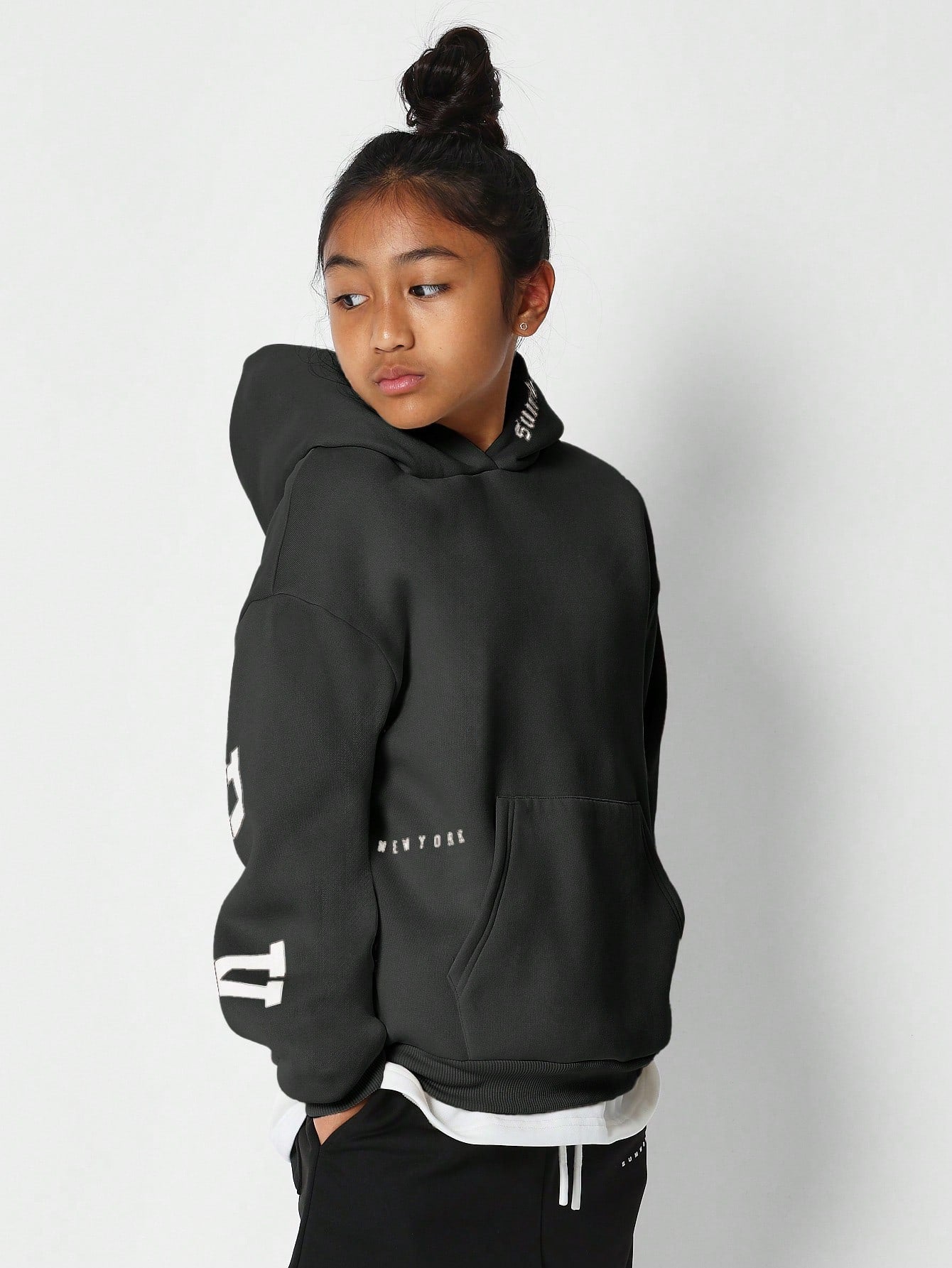 Tween Girls Overhead Hoodie With Immense New York Graphic Print