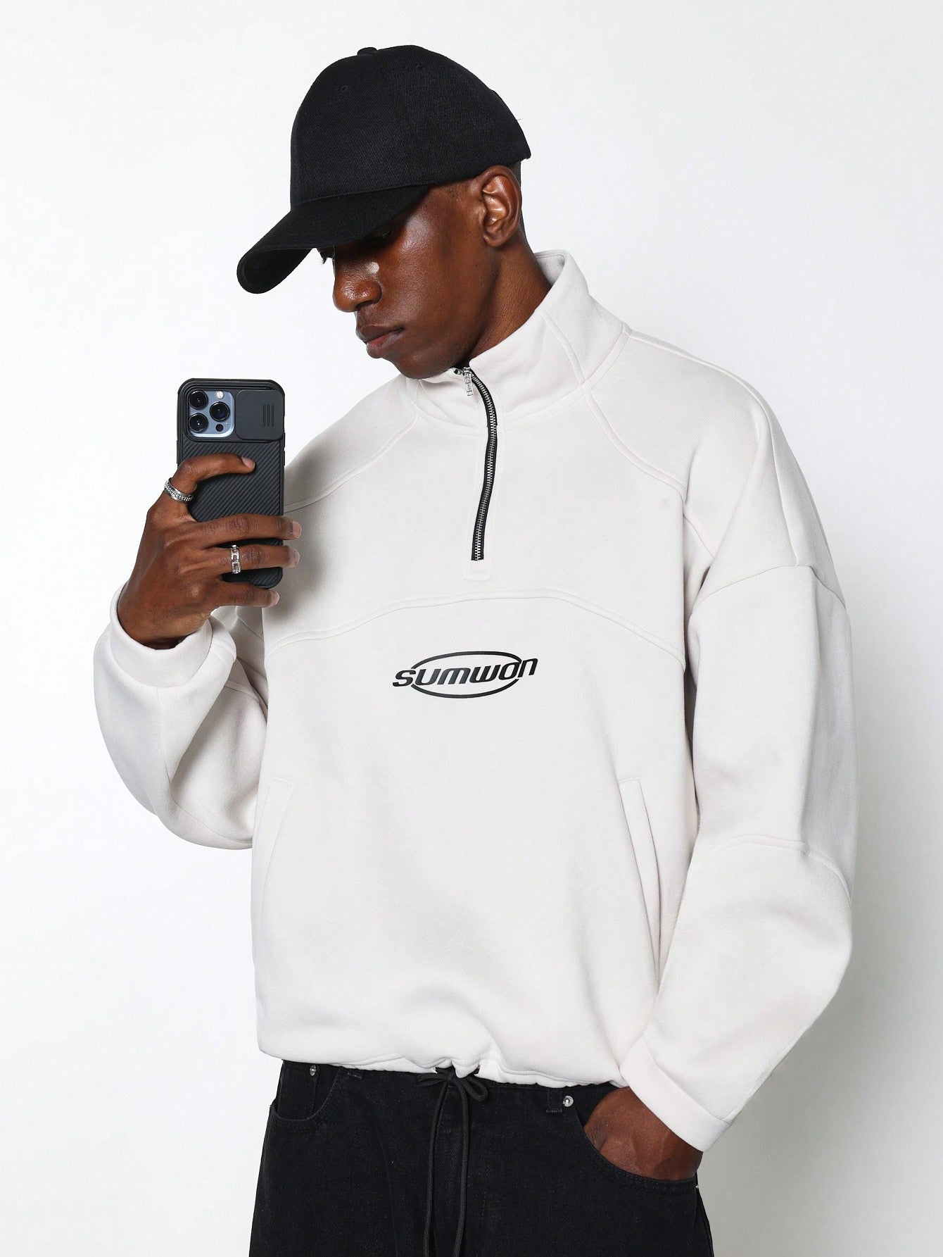 Regular Fit Half Zip Funnel Neck Sweatshirt With Small Graphic Print And Waistband Drawcord