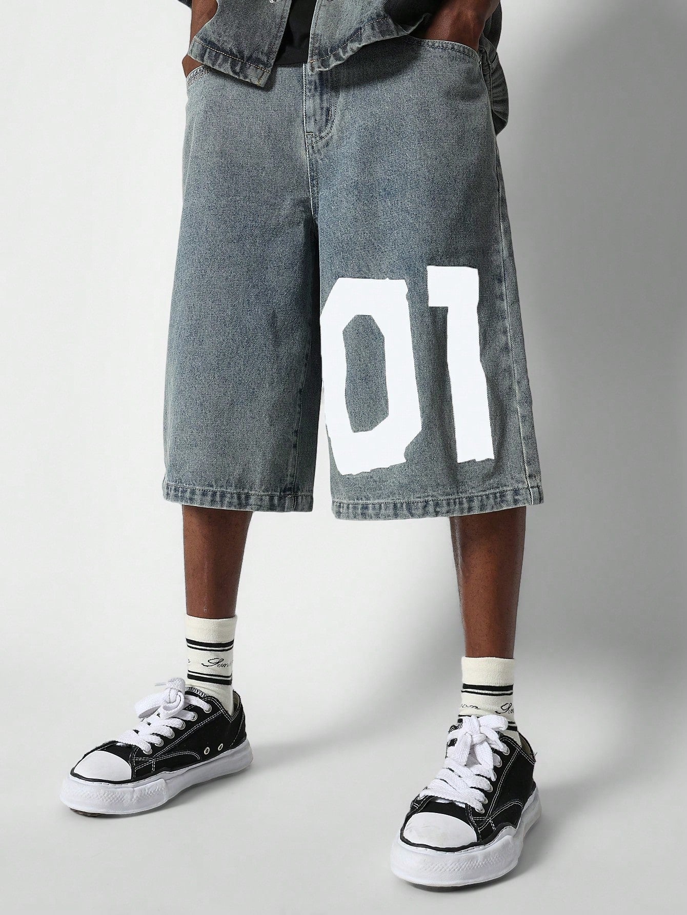 Washed Denim Jort With Number Graphic Print