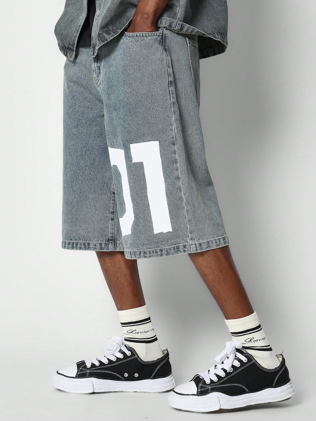 Washed Denim Jort With Number Graphic Print