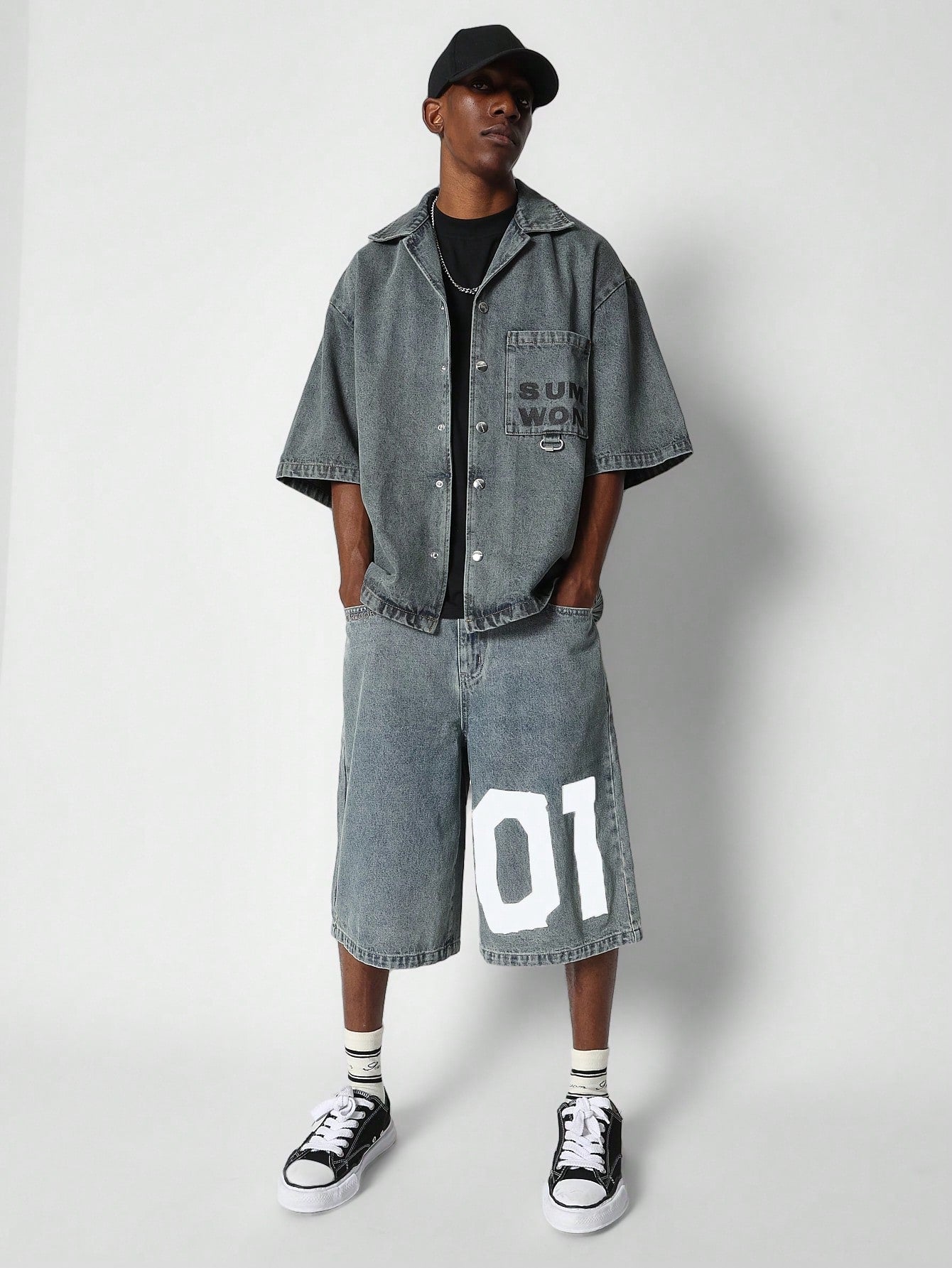 Washed Denim Jort With Number Graphic Print