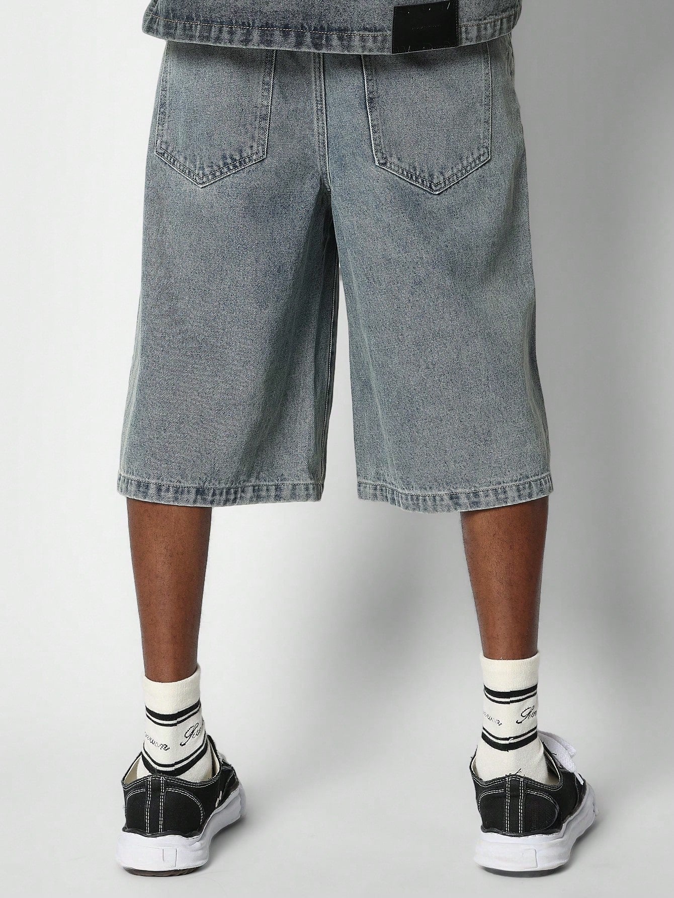 Washed Denim Jort With Number Graphic Print