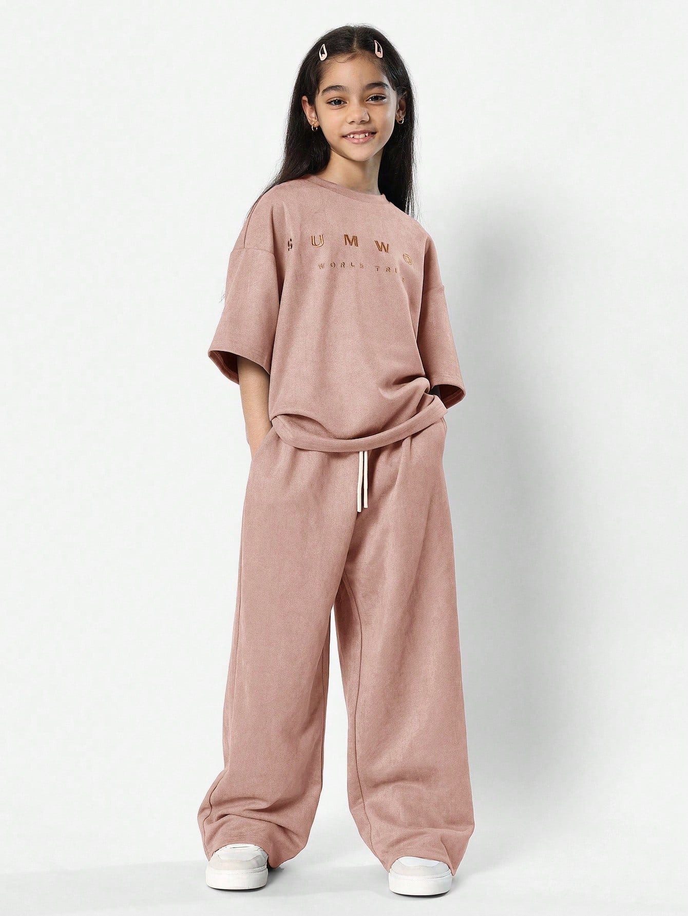 Tween Girls Oversized Fit Suedette Tee And Wide Leg Sweatpants 2 Piece Set