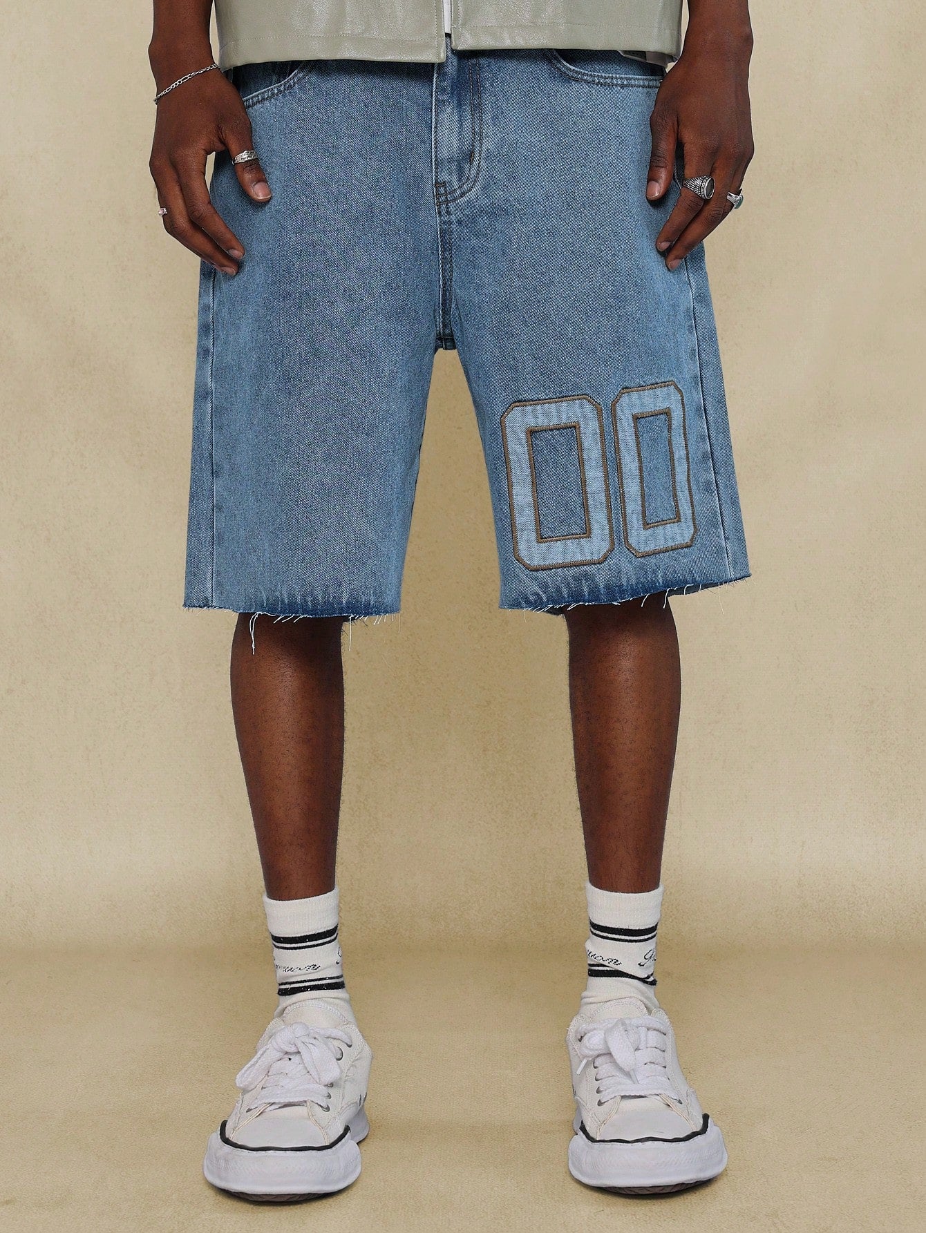 Washed Raw Edge Denim Short With Number Applique