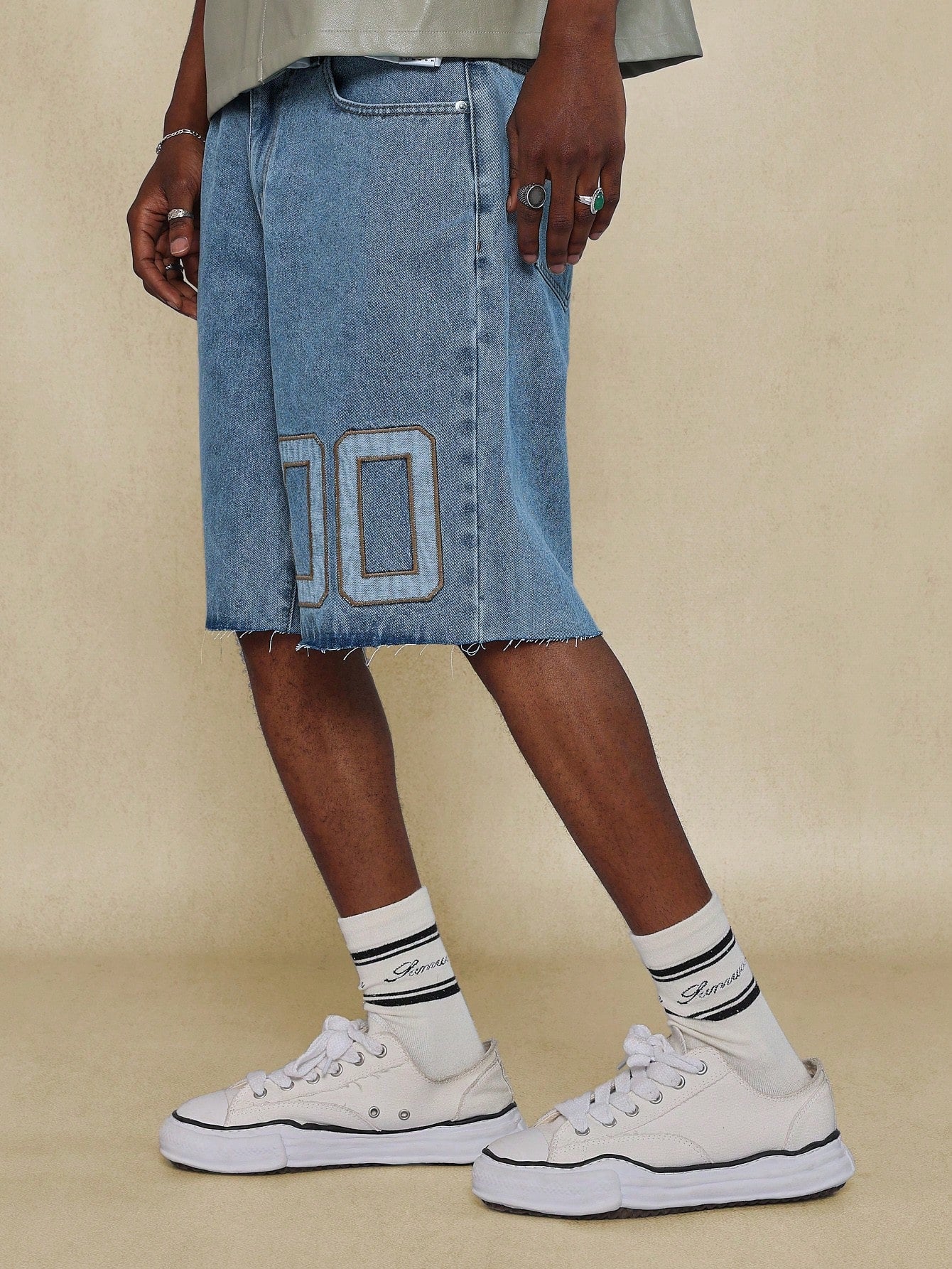 Washed Raw Edge Denim Short With Number Applique