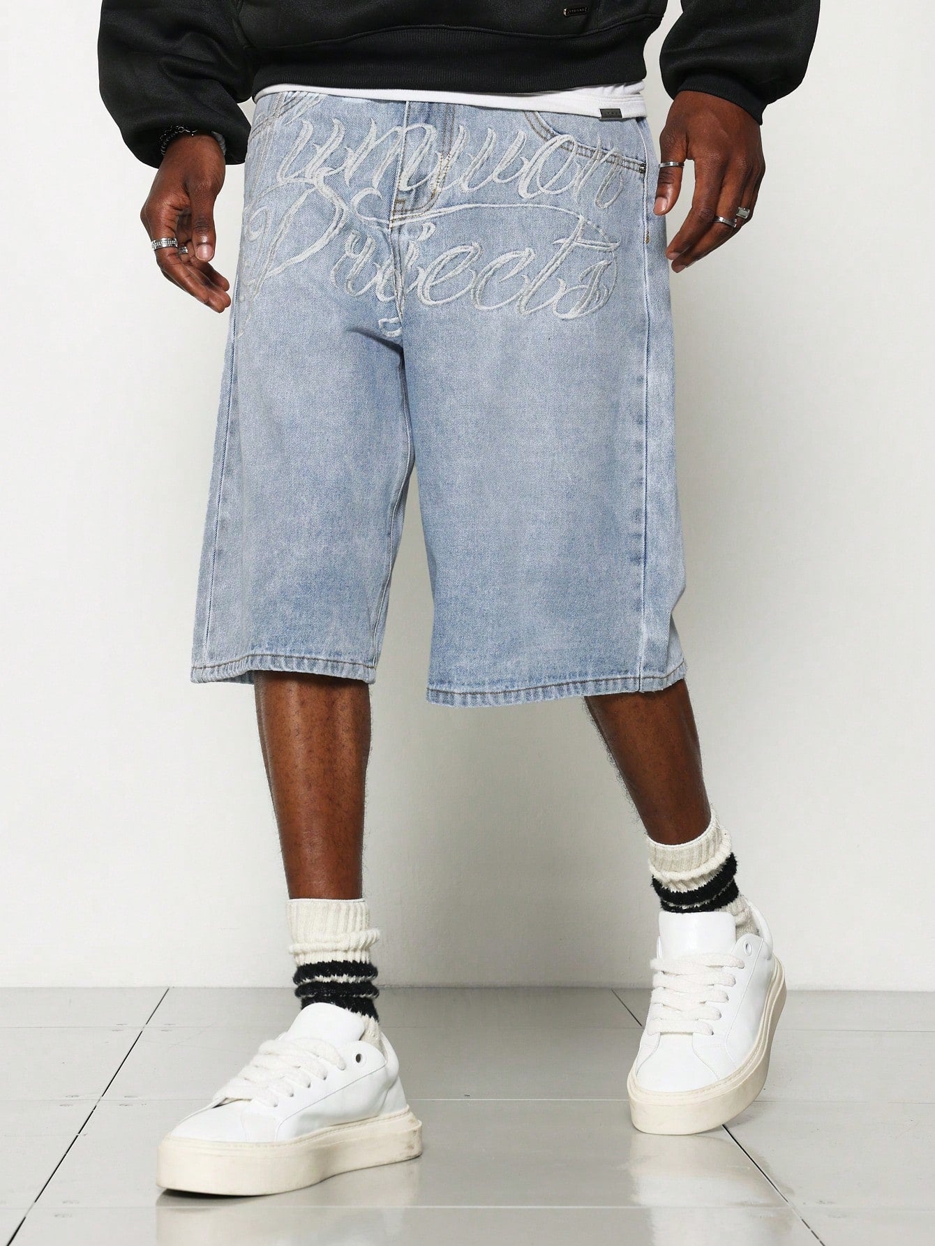 Washed Denim Jort With Front Embroidery