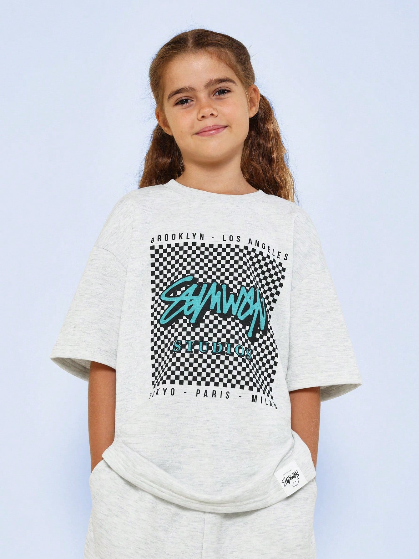 Tween Girls Oversized Fit Tee And Short With Checkerboard Graphic Print 2 Piece Set