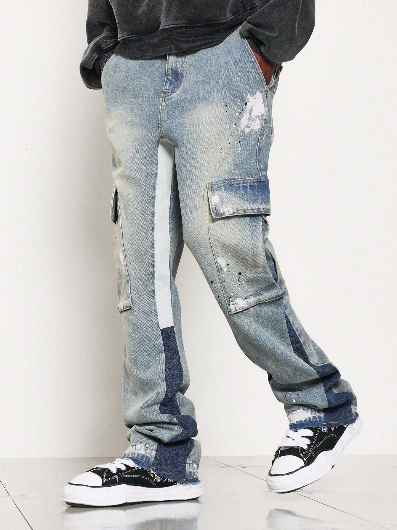 Flare Fit Colour Block Washed Raw Edge Cargo Jean With Splatter Paint