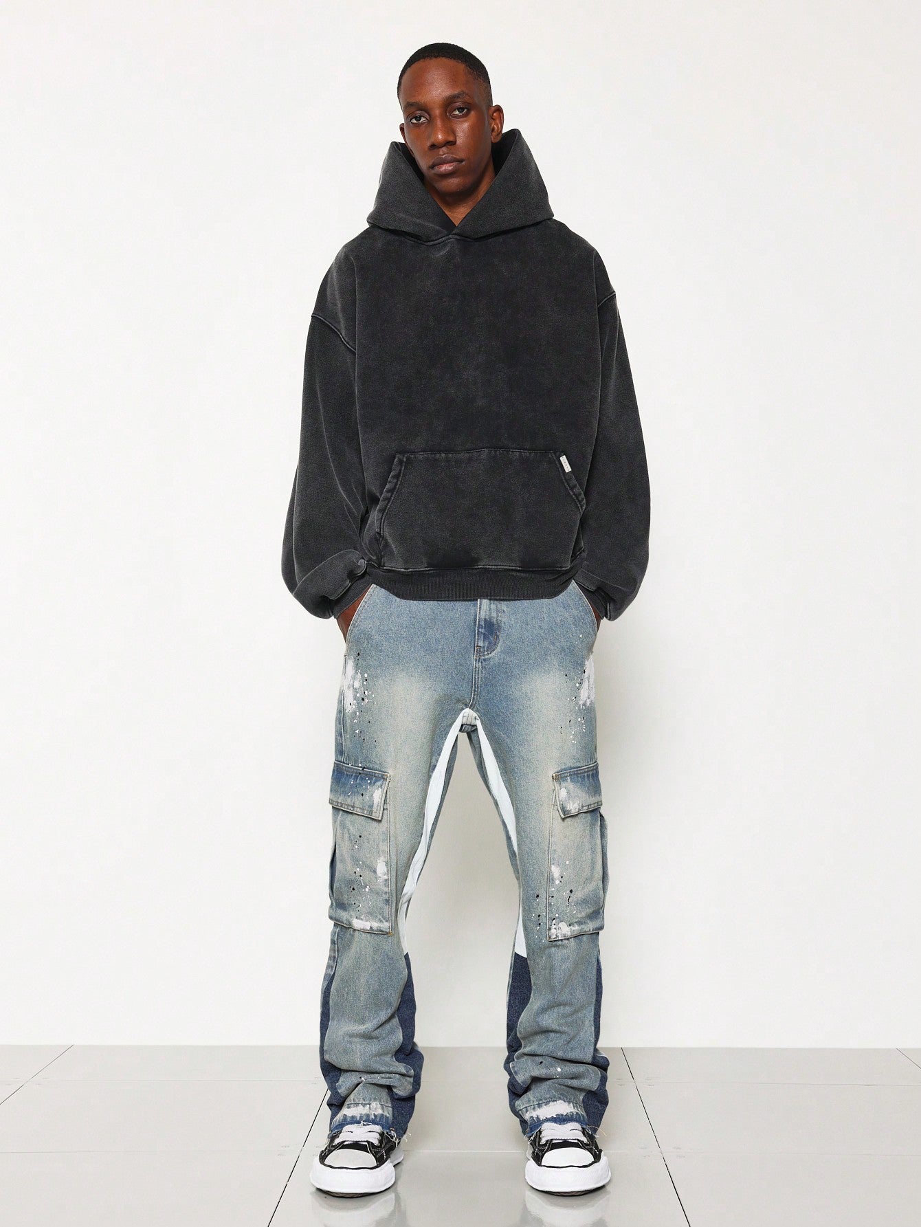 Flare Fit Colour Block Washed Raw Edge Cargo Jean With Splatter Paint