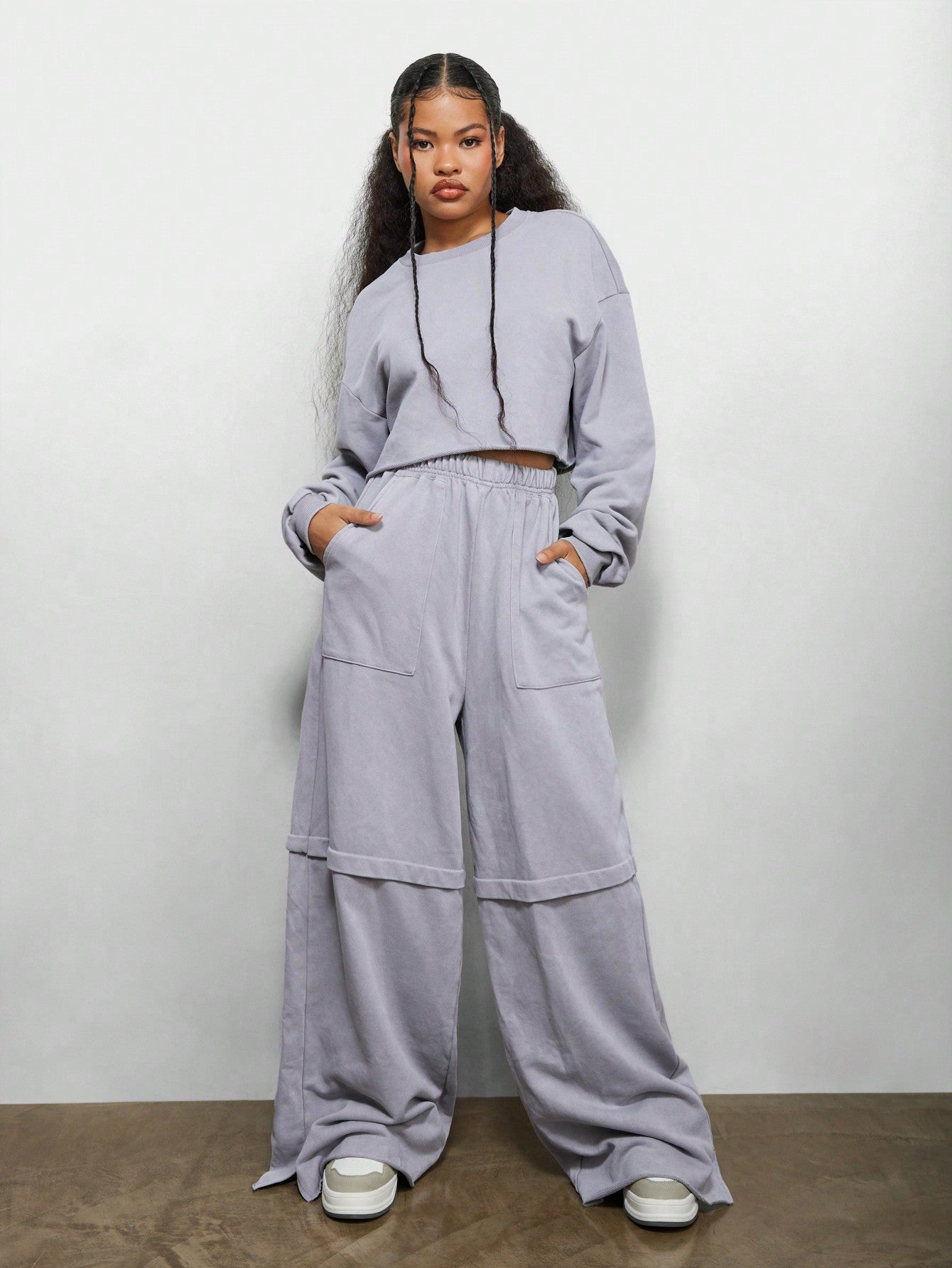 SUMWON WOMEN Oversized Raw Hem Crop Sweatshirt And Wide Leg Split Hem Sweatpants Co-Ord Set